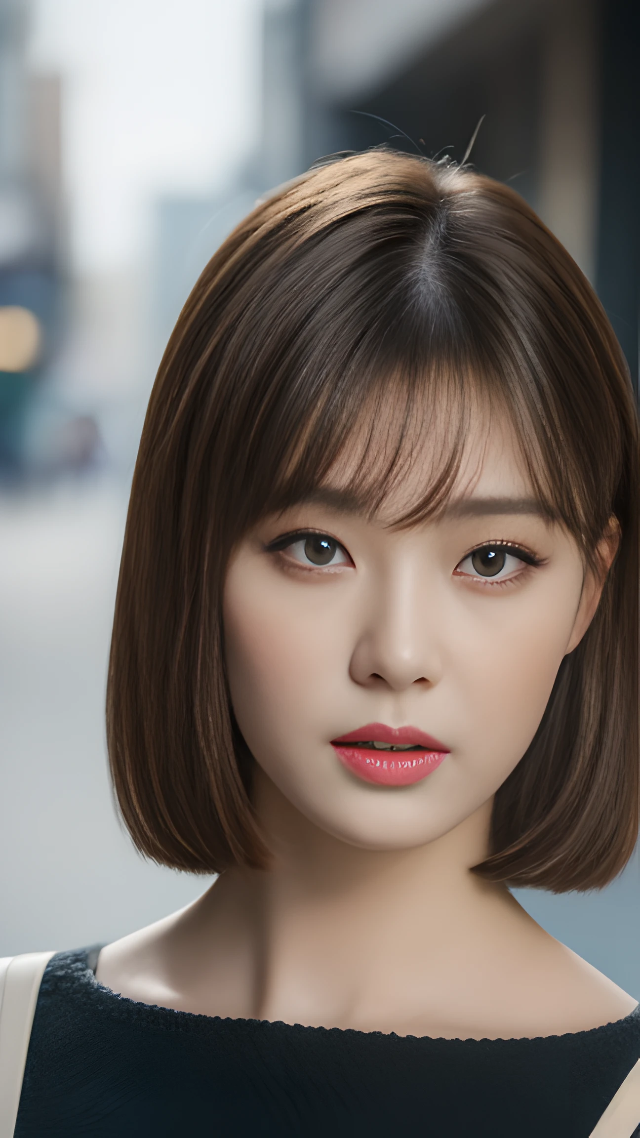 ((Best quality, 8k, Masterpiece :1.3)), Sharp focus :1.2, A pretty woman with perfect figure :1.4, Slender abs :1.2, ((Dark brown hair, Big breasts :1.2)), (Natural light, City street:1.1), Highly detailed face and skin texture, Detailed eyes, Double eyelid
