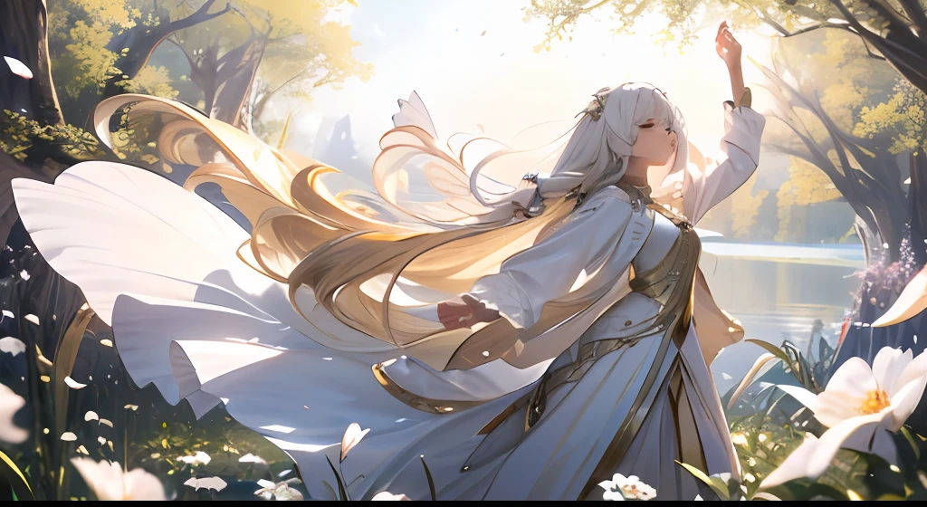 top-quality、masterpiece、white hair、Gold Eye、white clothes、look up to、Hair strands、light skinned、Side braid、((fullllbody))、((lake))、Fantastical、Mystical、(Lots of petals fluttering)、artistic、Long hair fluttering in the wind、Mystical、golden colored、((absence))、