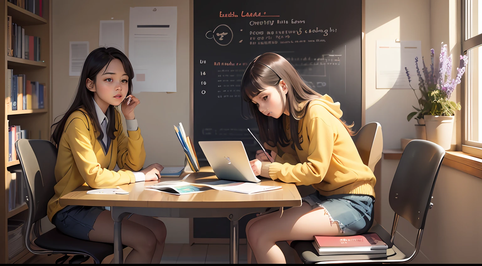 pupils,Computer,Learn English,looking at book,On The Home,Poster art style ,amarelo,Leave white space simple