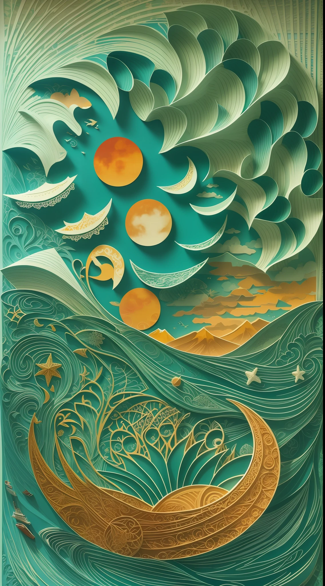 Paper art,vibrant color,blueish,ocean,mountain,sun moon