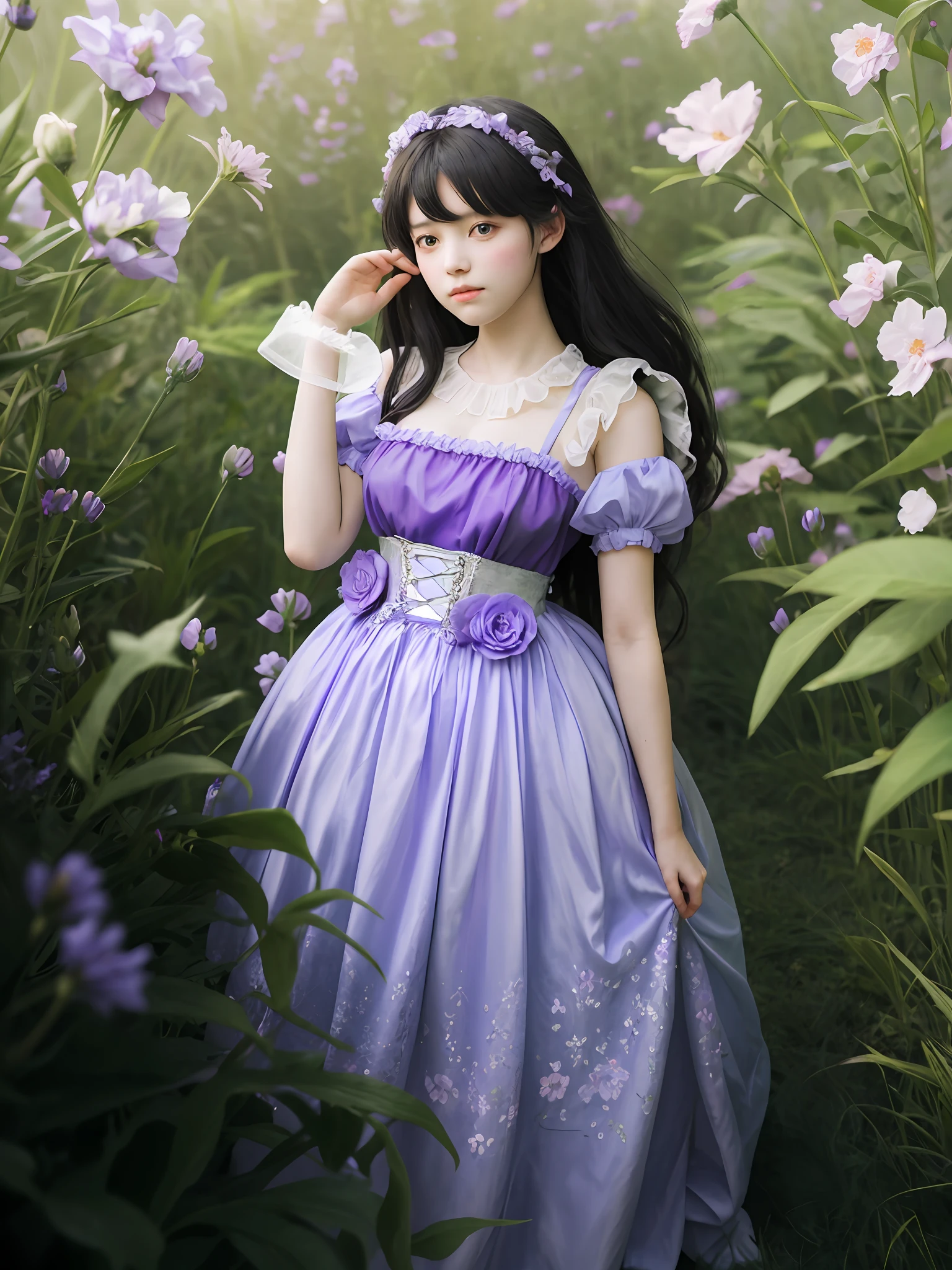 araffe woman in a purple dress standing in a field of flowers, ethereal fairytale, ethereal and dreamy, dreamy and ethereal, portrait of magical lolita girl, romantic dress, fairycore, very ethereal, ethereal beauty, ethereal fantasy, retro and fantasy style, lavender blush, dreamy style, fantasy dress, very magical and dreamy, dreamy and detailed