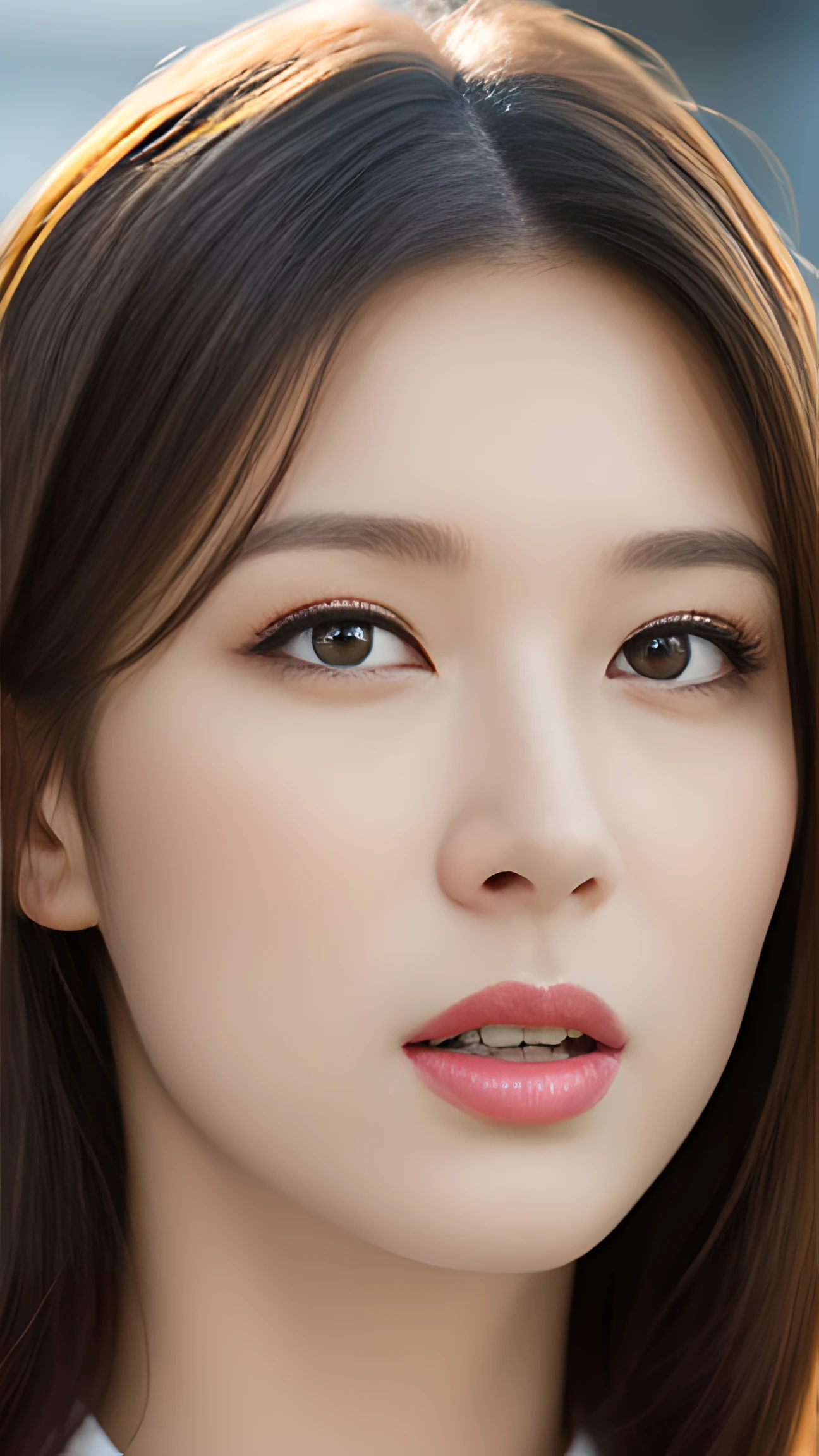 ((Best quality, 8k, Masterpiece :1.3)), Sharp focus :1.2, A pretty woman with perfect figure :1.4, Slender abs :1.2, ((Dark brown hair, Big breasts :1.2)), (Natural light, City street:1.1), Highly detailed face and skin texture, Detailed eyes, Double eyelid