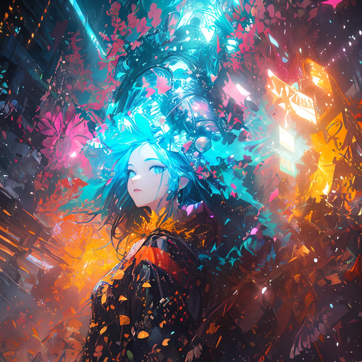 (​masterpiece、top-quality、top-quality、Official art、ighly detailed、Beautifully Aesthetic:1.2)、(1girl in)、(Fractal Art:1.3)、Random hairstyle、Random hair color colorful、FULL BODYSHOT、(CyberpunkＴThe shirt)、animesque、head-mounted displays、neon light detail、Intuitive、City of the Future、sharp、Precise focus、randome pose、cyberpunkcity、street neon lights、insta photo、photo of the year、cinema4d、Dramatic、