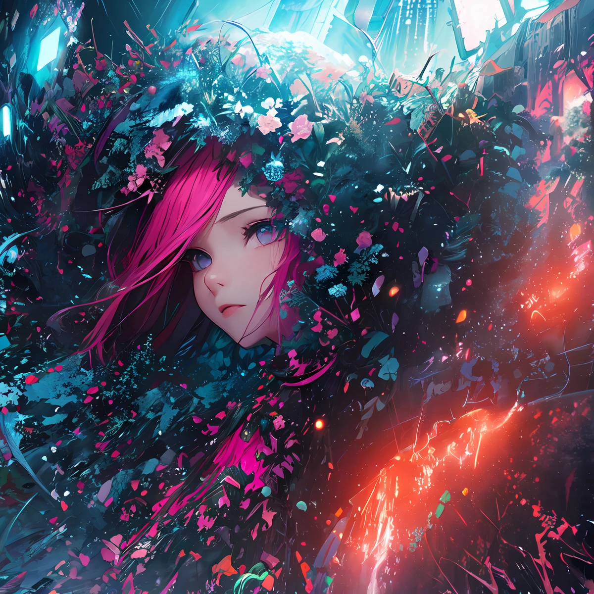 (​masterpiece、top-quality、top-quality、Official art、ighly detailed、Beautifully Aesthetic:1.2)、(1girl in)、(Fractal Art:1.3)、Random hairstyle、Random hair color colorful、FULL BODYSHOT、(CyberpunkＴThe shirt)、animesque、head-mounted displays、neon light detail、Intuitive、City of the Future、sharp、Precise focus、randome pose、cyberpunkcity、street neon lights、insta photo、photo of the year、cinema4d、Dramatic、