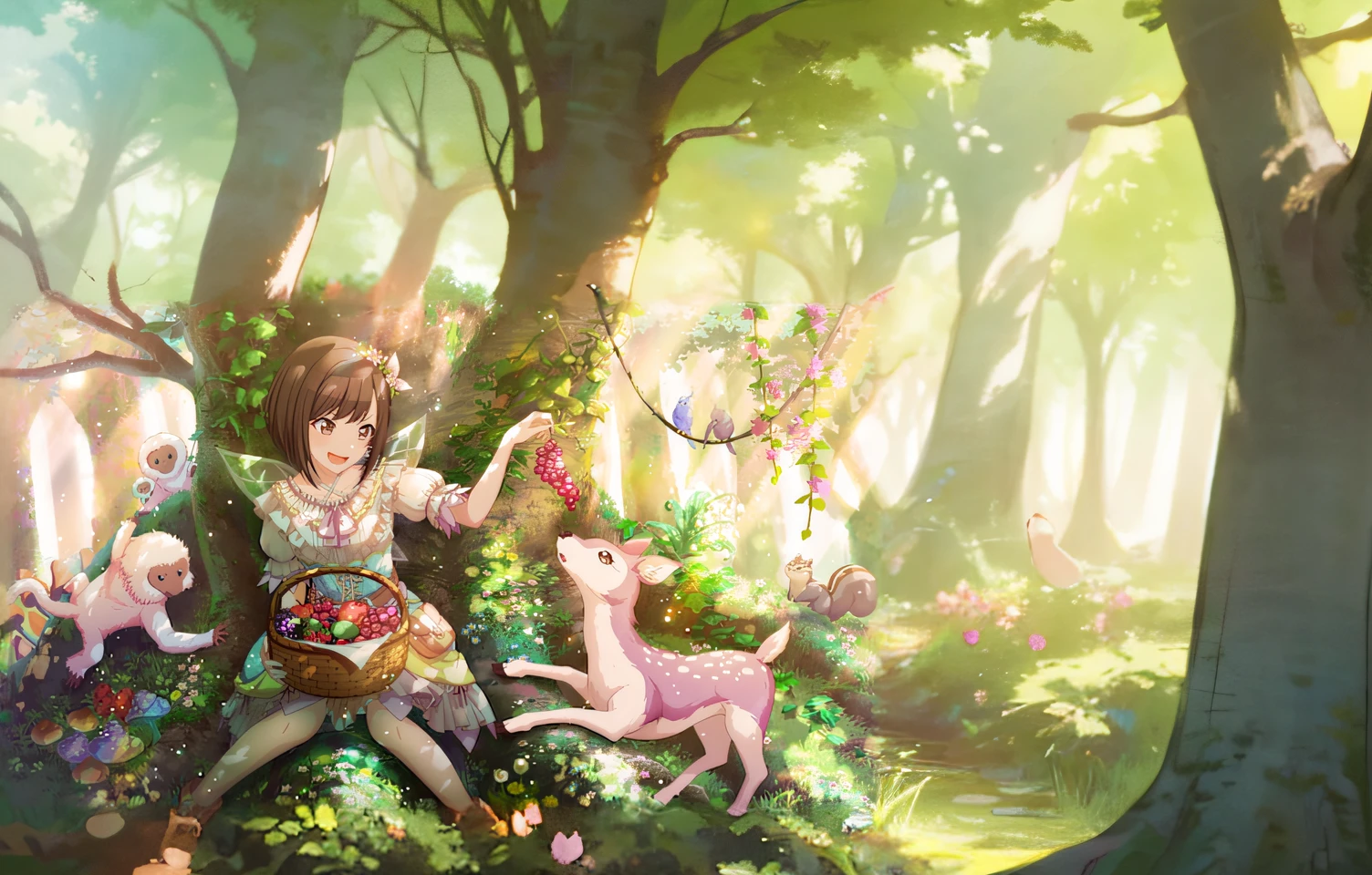 anime girl with a basket of eggs and a deer in the woods, anime fantasy illustration, forest picnic, anime fantasy artwork, forest fairy, a beautiful artwork illustration, official artwork, beautiful fantasy anime, in a magical forest, in the magical forest, official illustration, beautiful anime artwork, a maid in a magical forest, anime illustration, fairy-tale illustration style