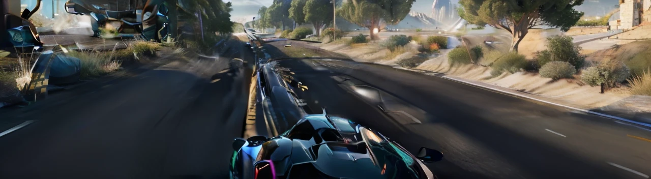 Close-up of the rear of a car driving on the road, The straight road stretches into the distance,Disappear into the sky,(A little perspective),Unreal Engine 5 - W 1024, made in unreal engine 5, on ps5, ( ( illusory engine ) ), ue4, ue 4, with unreal engine, Unreal Engine - H768, highly realistic unreal engine, unreal engine 5 hdr, nvidia ray tracing