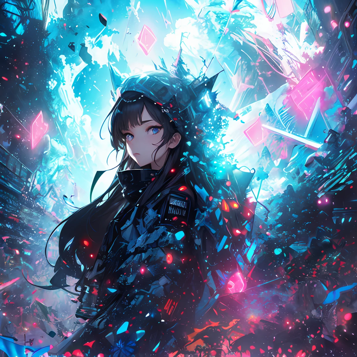 (masterpiece、top-quality、top-quality、Official art、ighly detailed、Beautifully Aesthetic:1.2)、(1girl in)、(Fractal Art:1.3)、Random hairstyle、Random hair color colorful、FULL BODYSHOT、(CyberpunkTThe shirt)、animesque、head-mounted displays、neon light detail、Intuitive、City of the Future、sharp、Precise focus、randome pose、cyberpunkcity、street neon lights、insta photo、photo of the year、cinema4d、Dramatic、