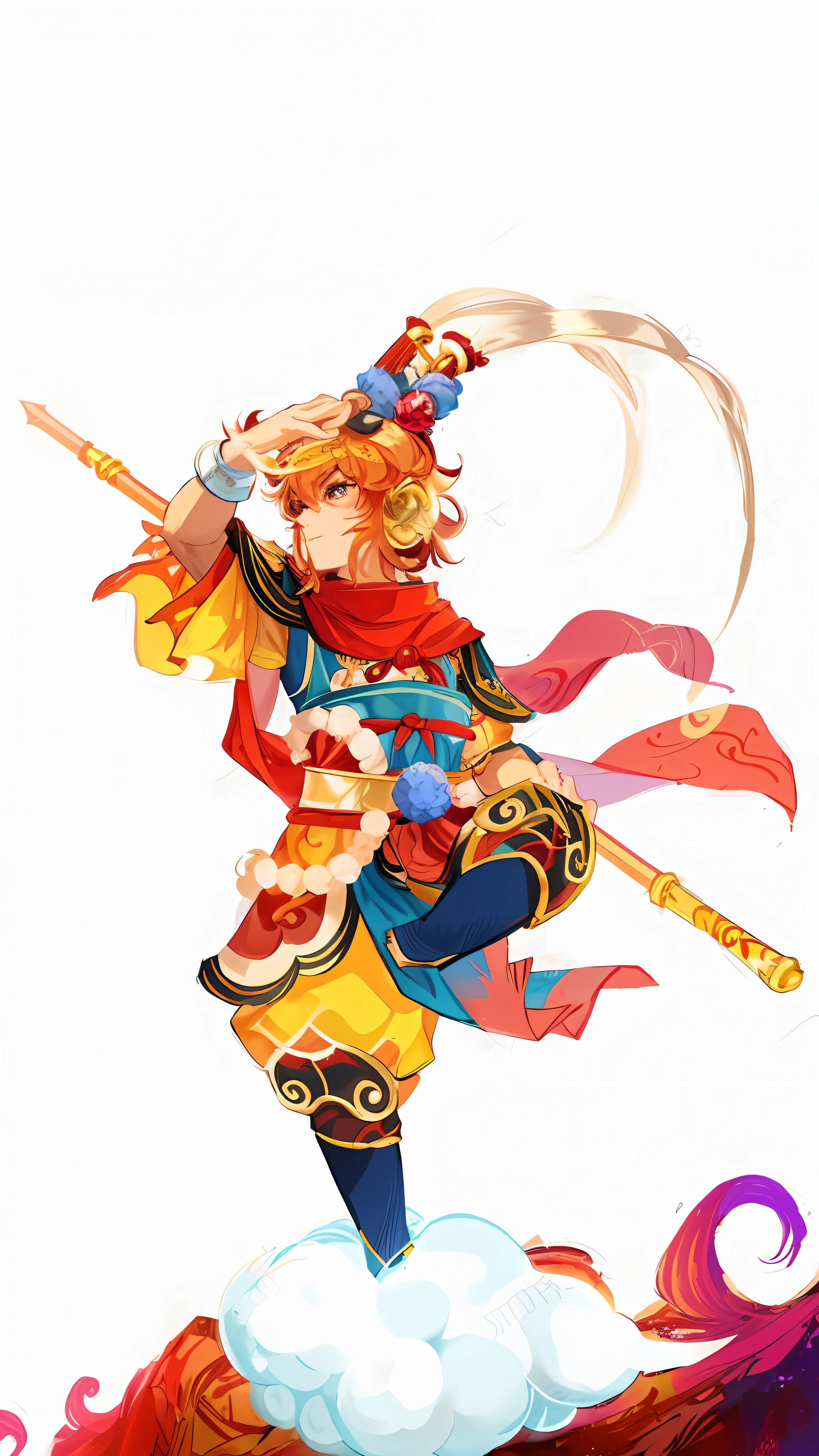 One wears gold-glazed armor,Cartoon image of male monkey king holding stick, Son Goku, Wukong, Monkey king, Inspired by Hu Zaobin, bian lian, Onmyoji detailed art, legendary god holding spear, onmyoji, Akira in Chinese mythology, character art of maple story, xianxia hero, inspired by Park Hua
