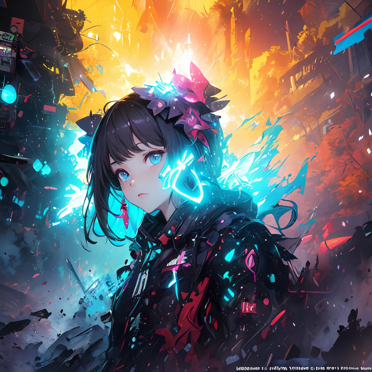(masterpiece、top-quality、top-quality、Official art、ighly detailed、Beautifully Aesthetic:1.2)、(1girl in)、(Fractal Art:1.3)、Random hairstyle、Random hair color colorful、FULL BODYSHOT、(CyberpunkTThe shirt)、animesque、head-mounted displays、neon light detail、Intuitive、City of the Future、sharp、Precise focus、randome pose、cyberpunkcity、street neon lights、insta photo、photo of the year、cinema4d、Dramatic、