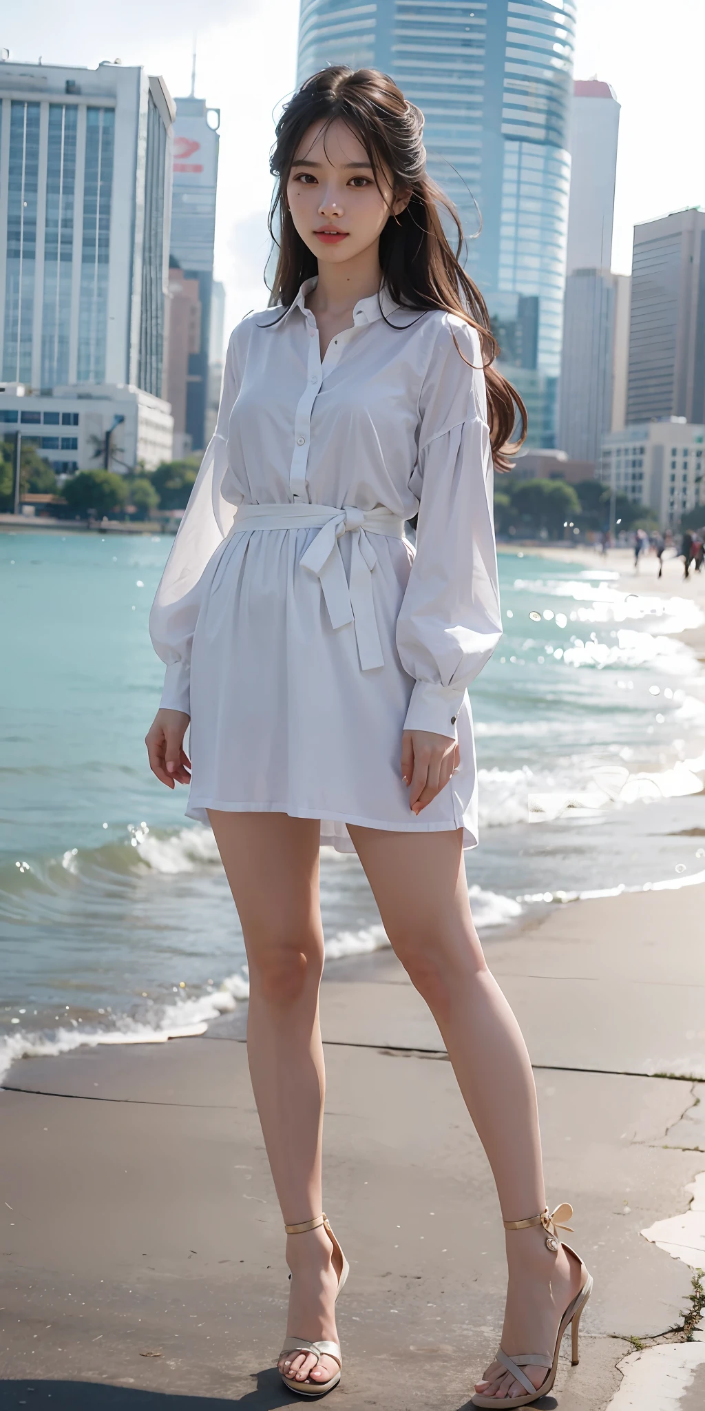 mix4, 20d, solo, long_hair, shirt, dress, high_heels, full_body, look_at_viewer, (8k, RAW photo, best quality, mastery:1.2), (realistic, photo-realistic:1.37), professional lighting, photon mapping, 光能传输,基于物理的渲染,