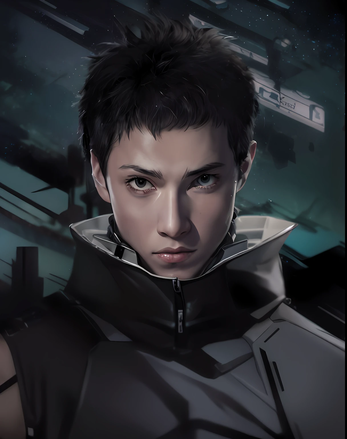 anime character with a strange look on his face and a dark coat, portrait of destiny from sandman, attractive sci - fi face, portrait of a sci - fi woman, dystopian sci-fi character, portrait of guts from berserk, inspired by Shingei, symmetrical portrait scifi, inspired by Yukihiko Yasuda, futuristic tetsuo, epic scifi character art