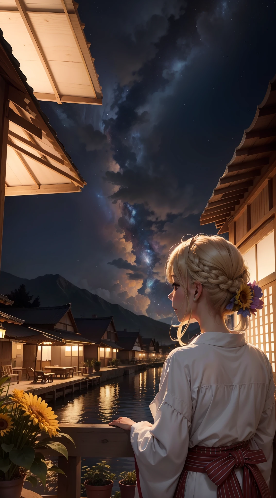 1chica, chica distante con un kimono mirando los fuegos artificiales, (alejado: 1.1), (fuegos artificiales: 1.2), (estrellas: 1.1), tu nombre, Angle low, from the rear, yukata, kimono, campo de girasoles, de pie en un campo, mejor calidad, obra maestra, nube, colorido, estrellado, estrellas, verano