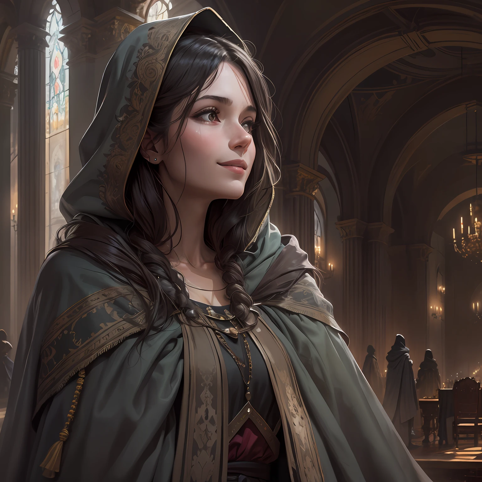 side-view, Hi-Def, ultradetail, European facial features, realeme fentezi, Pattern, portraite of a, side view Girl 36 years old, dark brown long hair, dark eyes, Smiling, dressed in an old shabby gray cloak,A beautiful handkerchief wrapped around her head, Hands raised up, Clarity 8 ka, scenery: side view Huge throne room with large windows, A girl in an old cloak stands near the throne, In the background near the throne is a man, side view rear A man stands behind a throne