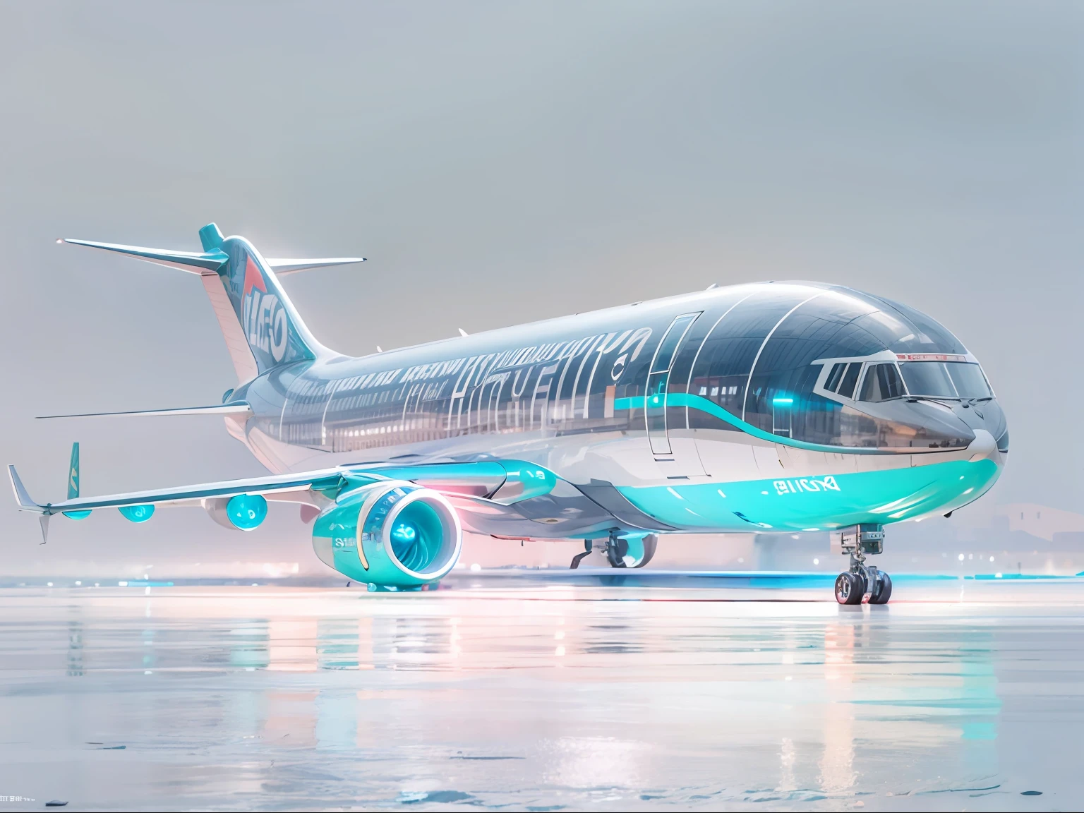 1 transparent airliner, Color transparent plastic , Cyberpunk , industrial design , Luminous neon , White background , surrealism , hyper HD , High details , Best quality ,4K