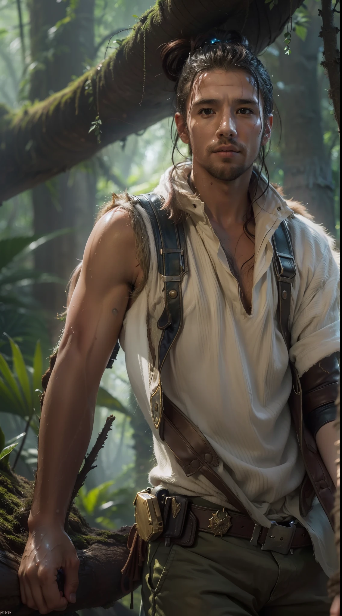 ((Realistic lighting, best qualtiy, 8K, tmasterpiece:1.3)), sharp fokus:1.2, of a guy,adventurer,explorer,closeup cleavage,Beautiful close-up((adventurer)),jungles,oases,giant and wet trees