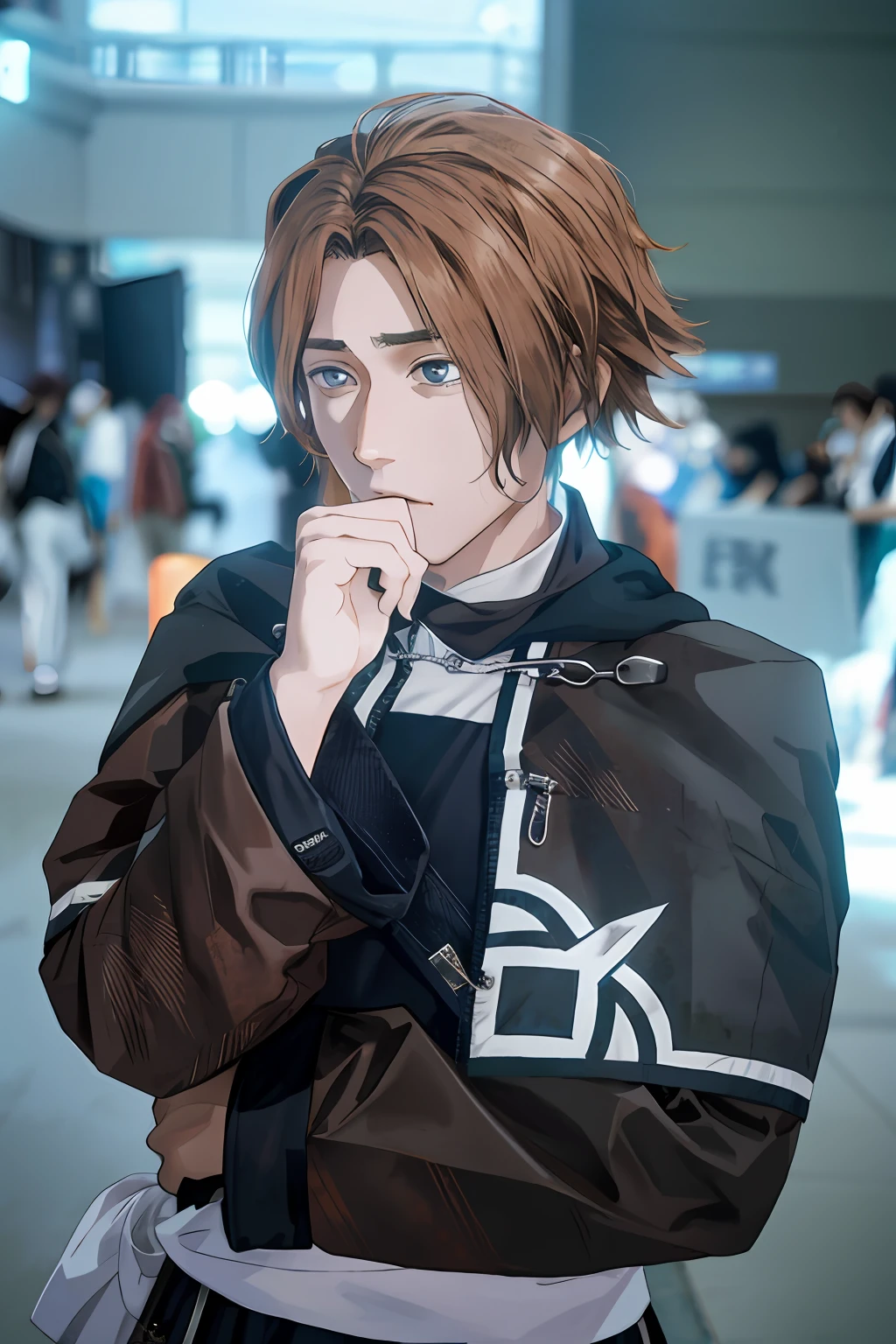 There was a woman in a brown jacket and a black jacket, Anime cosplay, rpgmaker, boromir in an 80\'s anime world, From《Rebirth without a job》, Rudius in the world of anime, inspired by Sakai Hōitsu, sora from kingdom hearts, cosplay foto, From《Rebirth without a job》, kvothe from name of the wind