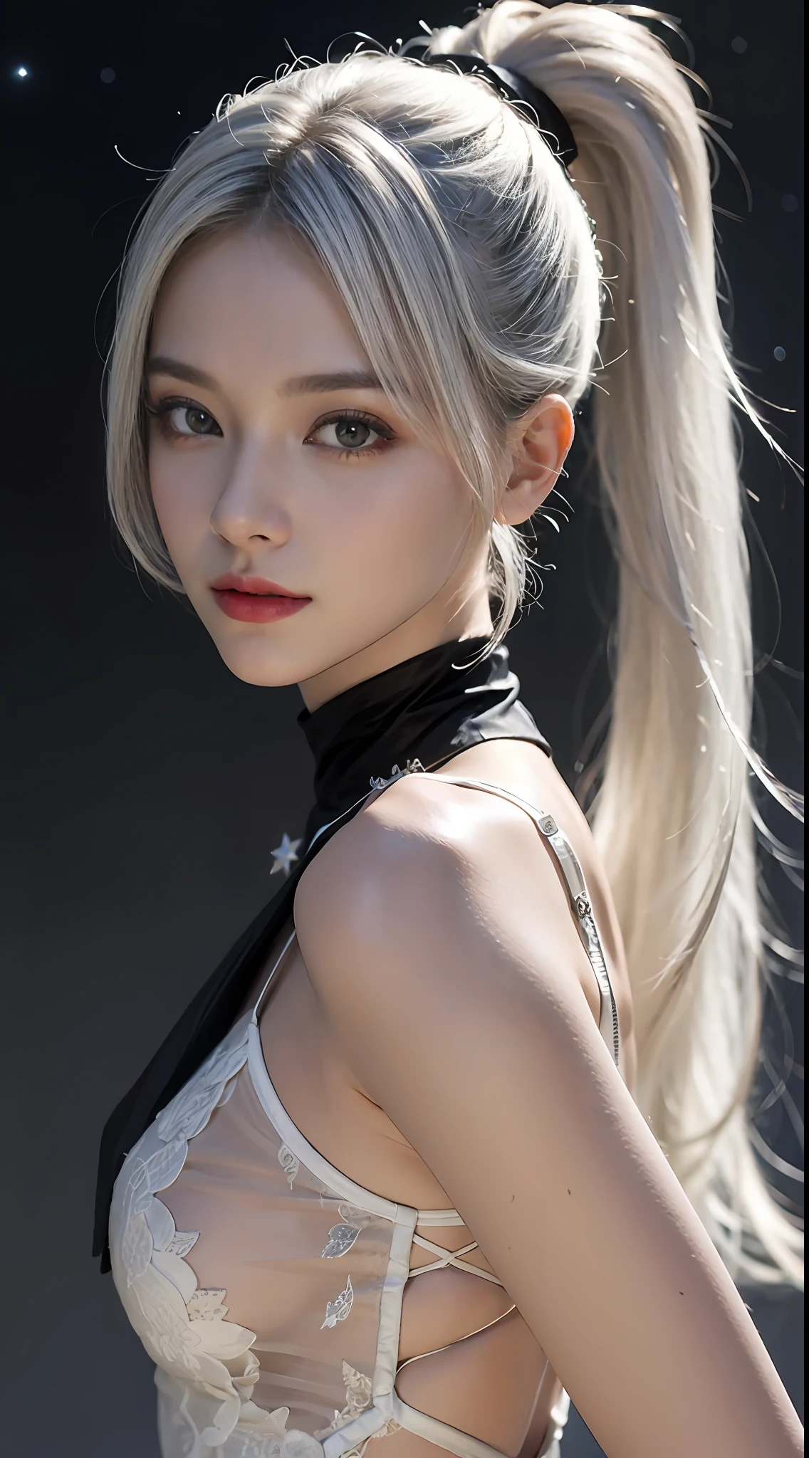 High ponytail，Beautuful Women，ultra-realistic realism，white color hair，starryskybackground，