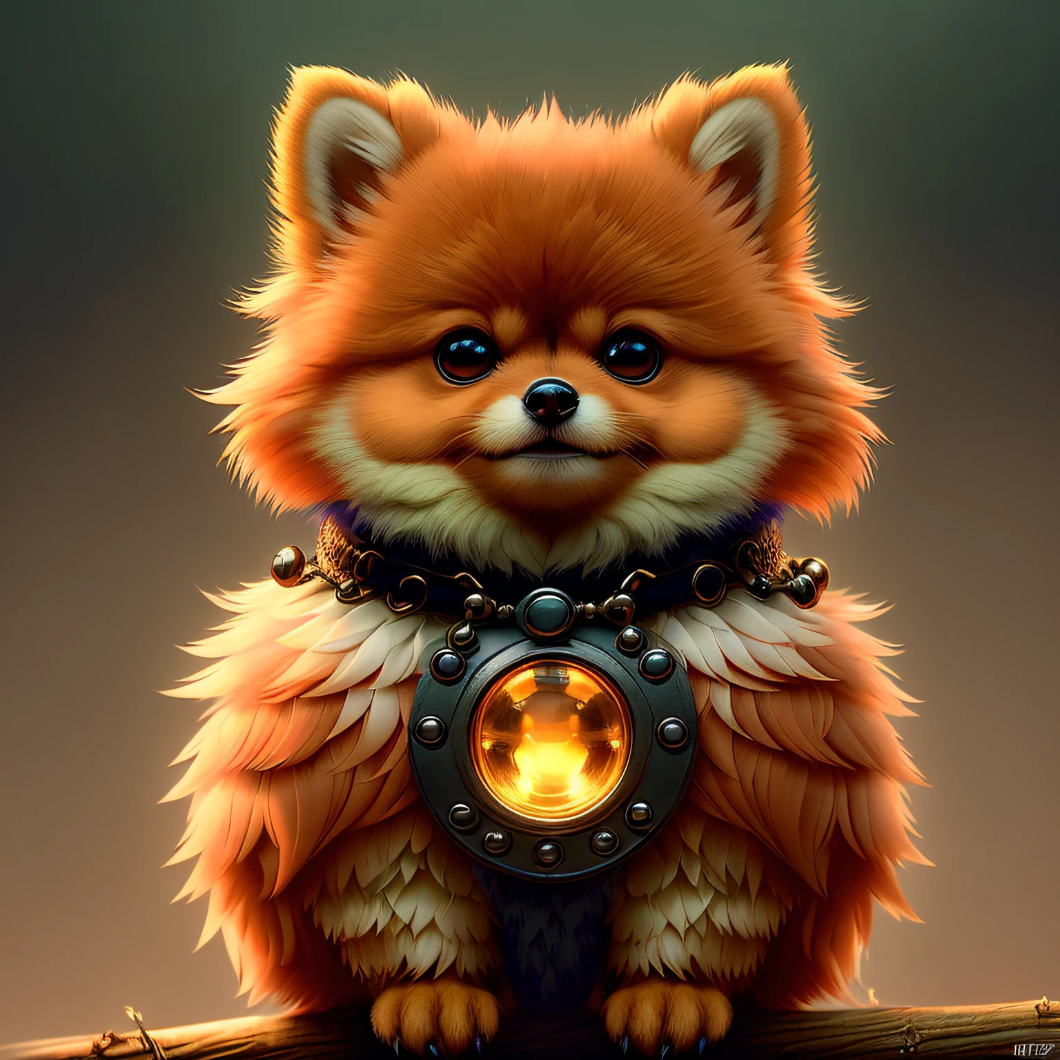 a baby red feathered pomeranian, multi colored fur made of bushy feathers, sitting on a log in the forest, wearing a futuristic collar with colorful tiny lights, highly detailed fur, cute, symmetrical, soft lighting, highly detailed face, concept art, digital painting, looking into camera, (fireflies), fog, night, moon, (cbzbb:1.25) cute big circular reflective sparkling eyes, unreal engine cinematic smooth, intricate detail