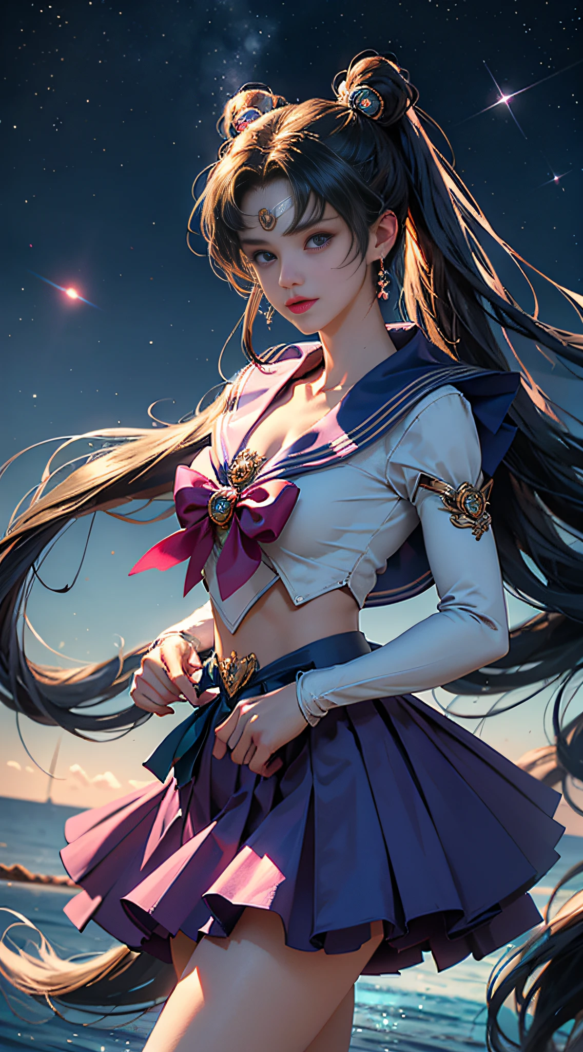 ((tmasterpiece)), ((best qualtiy)), (ultra - detailed), ((The is very detailed)), 4K, (8K), Frontal view,the sailor moon, cabellos largos dorados, dual horsetail,sailor moon aesthetic,a beauty girl,Puffy skirt,blue colors, Dream Core,