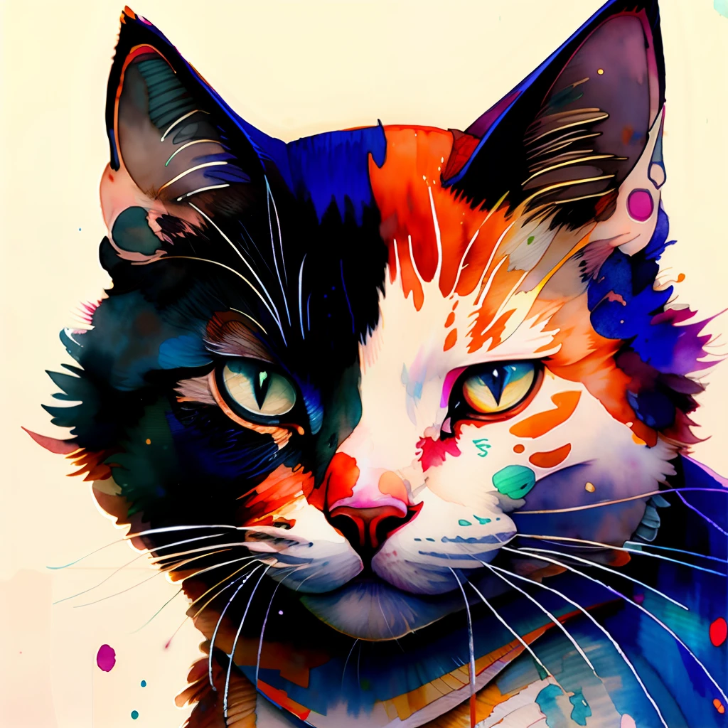 wtrcolor style, Digital art of (cat character), official art, frontal, smiling, masterpiece, Beautiful, ((watercolor)), face paint, paint splatter, intricate details. Highly detailed, detailed eyes, [dripping:0.5], Trending on artstation, by Rachel Walker