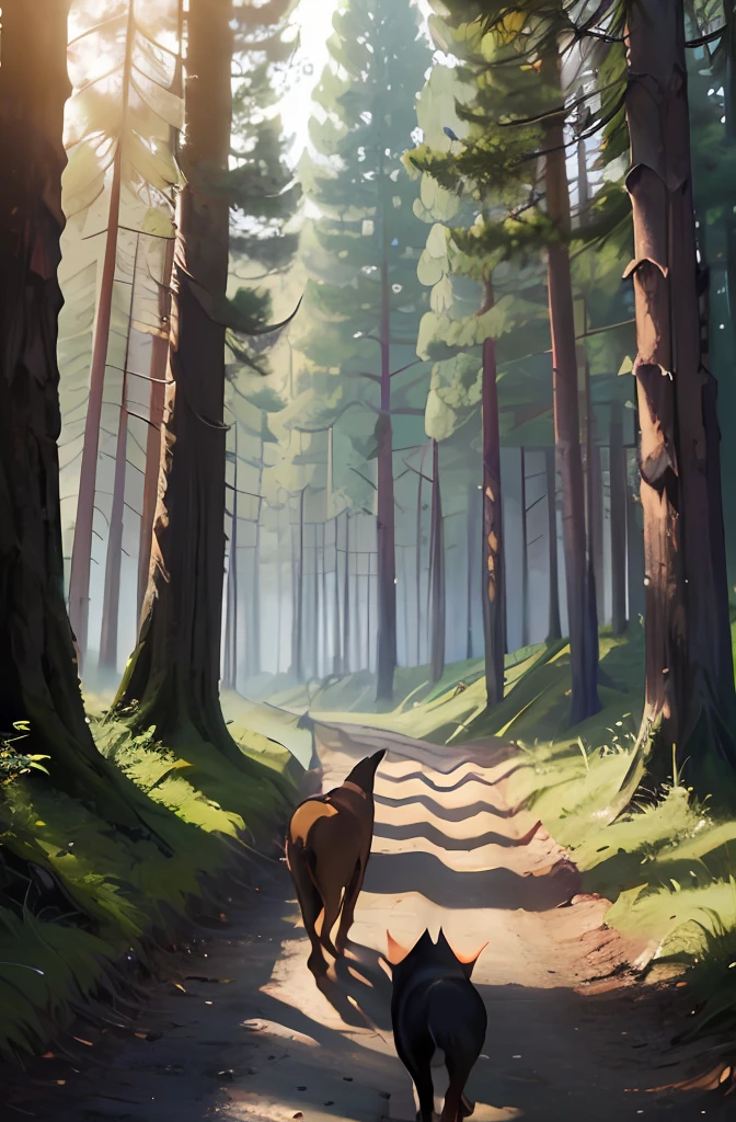 There was 1 dog walking the path in the woods, enjoying a stroll in the forest, on forest path, Forest path, prowling through the forest, walking through a forest, Walking through the forest, Walking in the forest, Inspired by Gediminas Plankevichus, walking in forest, ultra-realistic picture