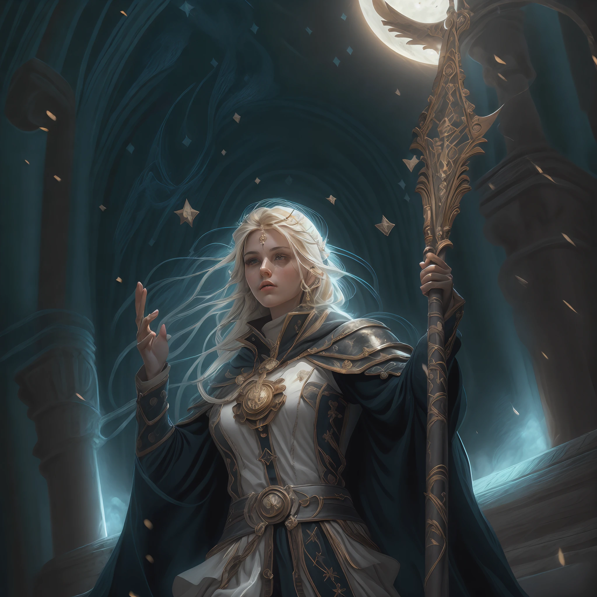 high details, best quality, 8k, [ultra detailed], masterpiece, best quality, (extremely detailed), dynamic angle, ultra wide shot, photorealistic, fantasy art, dnd art, rpg art, realistic art, an ultra wide picture of female human cleric, holding a spear, wearing black cloak, black robe with stars sigils (1.5 intricate details, Masterpiece, best quality), holy symbol casting a spell, white magical sigils (1.5 intricate details, Masterpiece, best quality), wearing black armor, plate mail armor, stars and moon symbol, blue light from symbol, blond hair (1.5 intese details, Masterpiece, best quality), long hair, braided hair, small, intense eyes, green eyes, moon and strars background, ((divine worship atmosphere)), moon light high details, best quality, highres, ultra wide angle