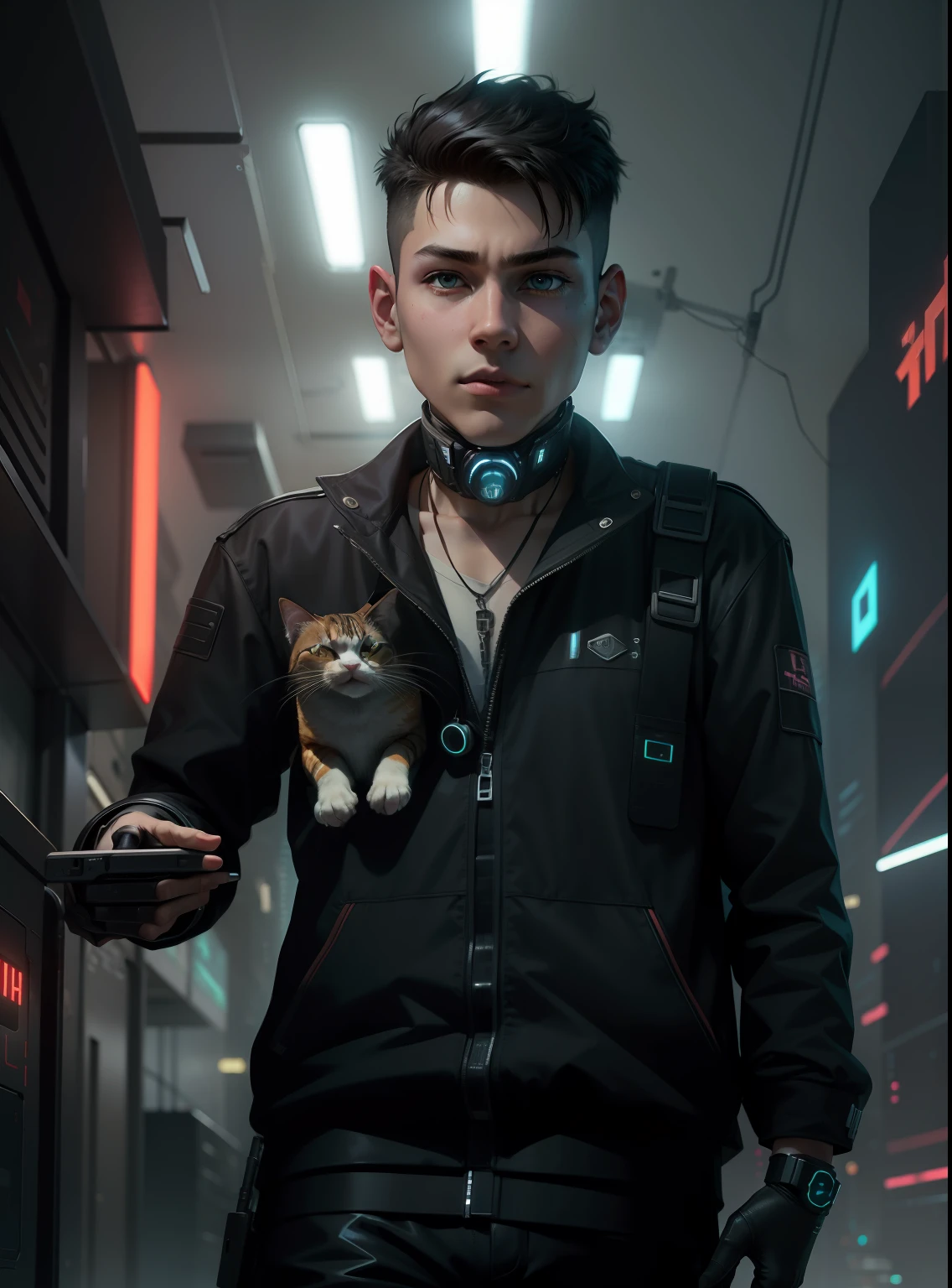 cyber punk.smart.boy with cat .4k ultra