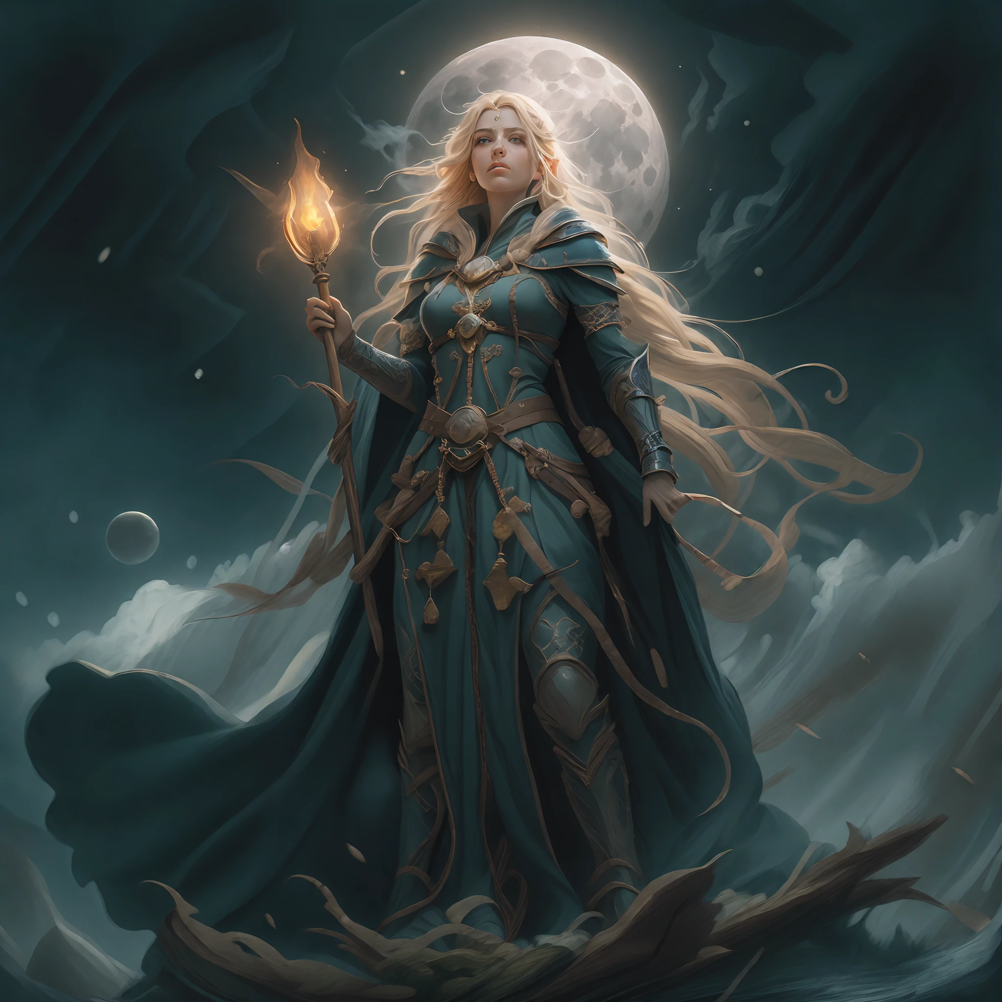 high details, best quality, 8k, [ultra detailed], masterpiece, best quality, (extremely detailed), dynamic angle, ultra wide shot, photorealistic, fantasy art, dnd art, rpg art, realistic art, an ultra wide picture of female human cleric, holding a spear, wearing black cloak, black robe with stars sigils (1.5 intricate details, Masterpiece, best quality), holy symbol casting a spell, white magical sigils (1.5 intricate details, Masterpiece, best quality), wearing black armor, plate mail armor, stars and moon symbol, blue light from symbol, blond hair (1.5 intese details, Masterpiece, best quality), long hair, braided hair, small, intense eyes, green eyes, moon and strars background, ((divine worship atmosphere)), moon light high details, best quality, highres, ultra wide angle