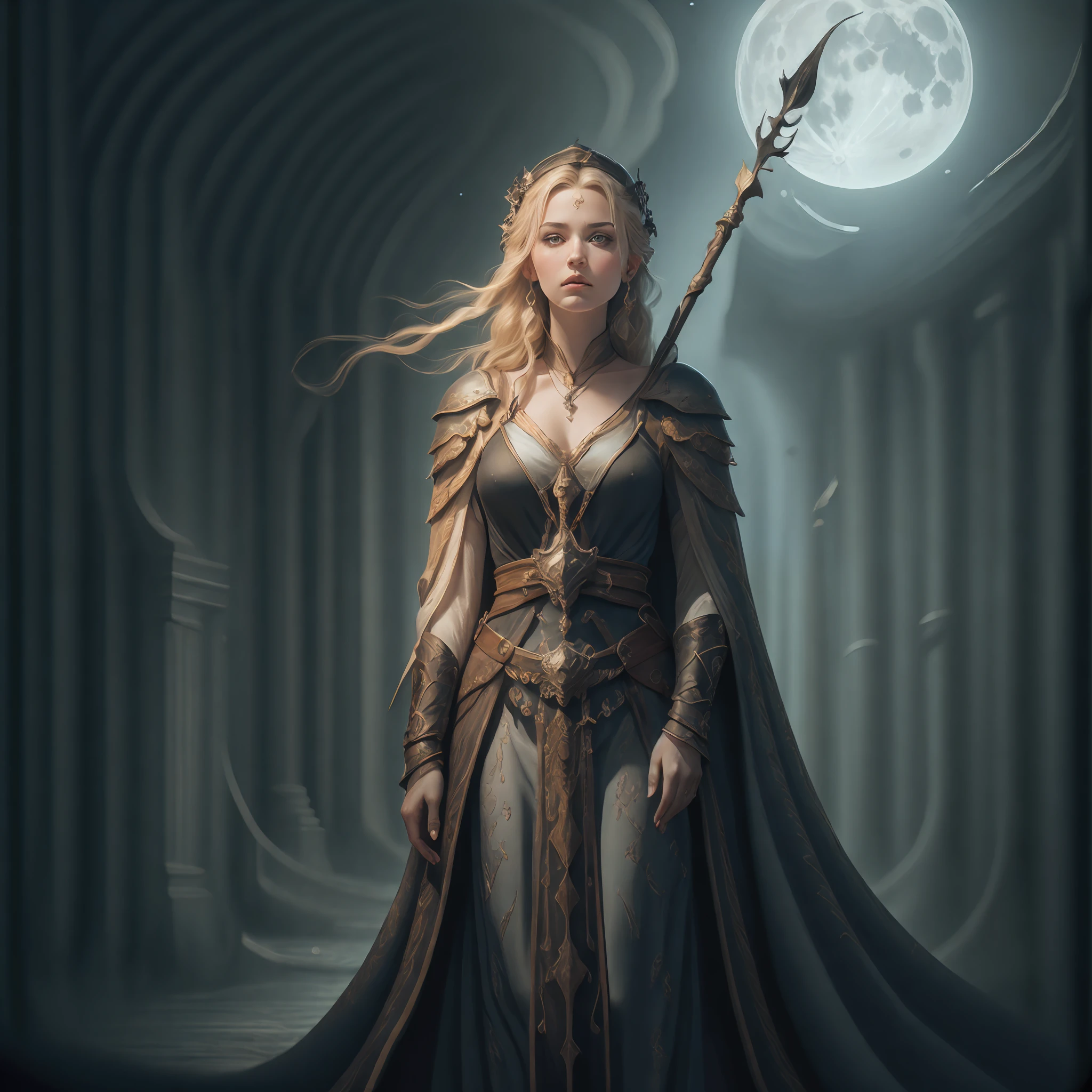 high details, best quality, 8k, [ultra detailed], masterpiece, best quality, (extremely detailed), dynamic angle, ultra wide shot, photorealistic, fantasy art, dnd art, rpg art, realistic art, an ultra wide picture of female human cleric, holding a spear, wearing black cloak, black robe with stars sigils (1.5 intricate details, Masterpiece, best quality), holy symbol casting a spell, white magical sigils (1.5 intricate details, Masterpiece, best quality), wearing black armor, plate mail armor, stars and moon symbol, blue light from symbol, blond hair (1.5 intese details, Masterpiece, best quality), long hair, braided hair, small, intense eyes, green eyes, moon and strars background, ((divine worship atmosphere)), moon light high details, best quality, highres, ultra wide angle