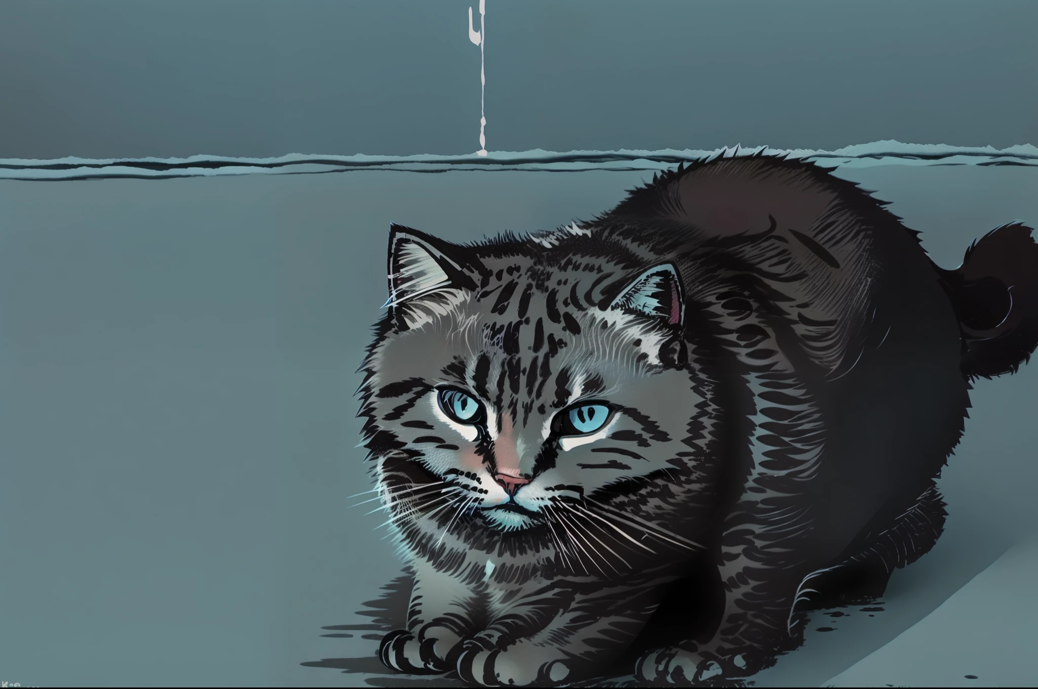 There is a Scottish folding cat sitting on the floor,With a confused expression,Looking sad and angry while looking at the camera,He pursed his mouth,Frowning,thick chubby body,Dark gray hair,The cold face was filled with anger。