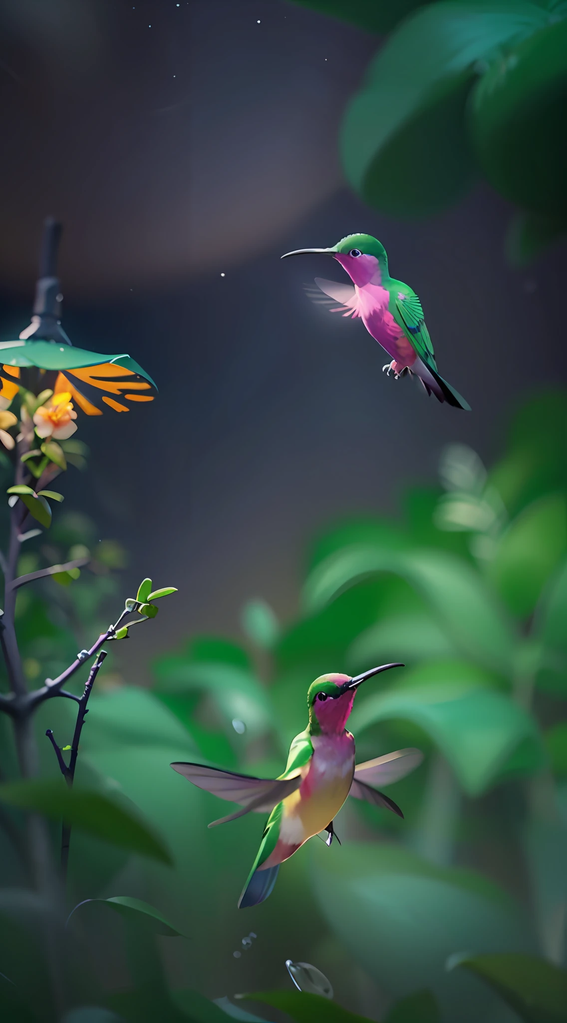 Close-up photo of hummingbirds in the enchanted forest，clean backdrop，depth of fields，largeaperture，photography of，during night，glowworm，volume fog，Halo，blooms，Dramatic atmosphere，at centre，the rule of thirds，200 mm 1.4F macro shooting
