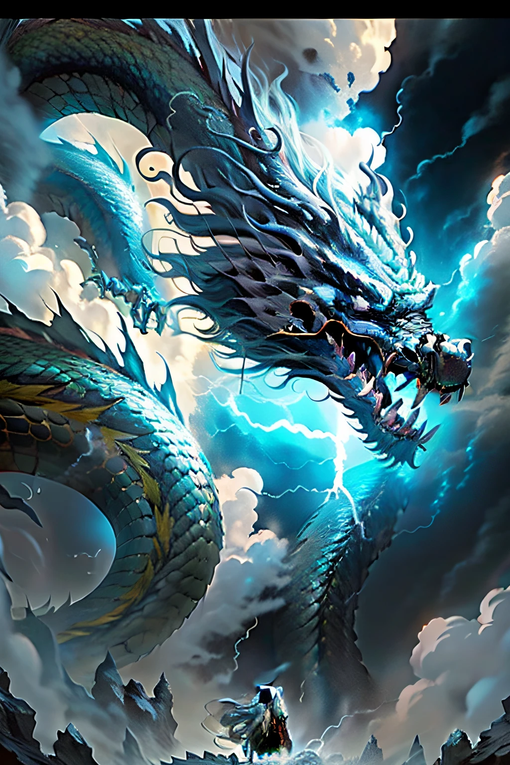 Black dragon dragon in the air，Black scales，The surroundings are shrouded in black clouds，Thunder and lightning abound，filmposter，12K HD，Realistic scenes，Real-world scenarios，Black HD，