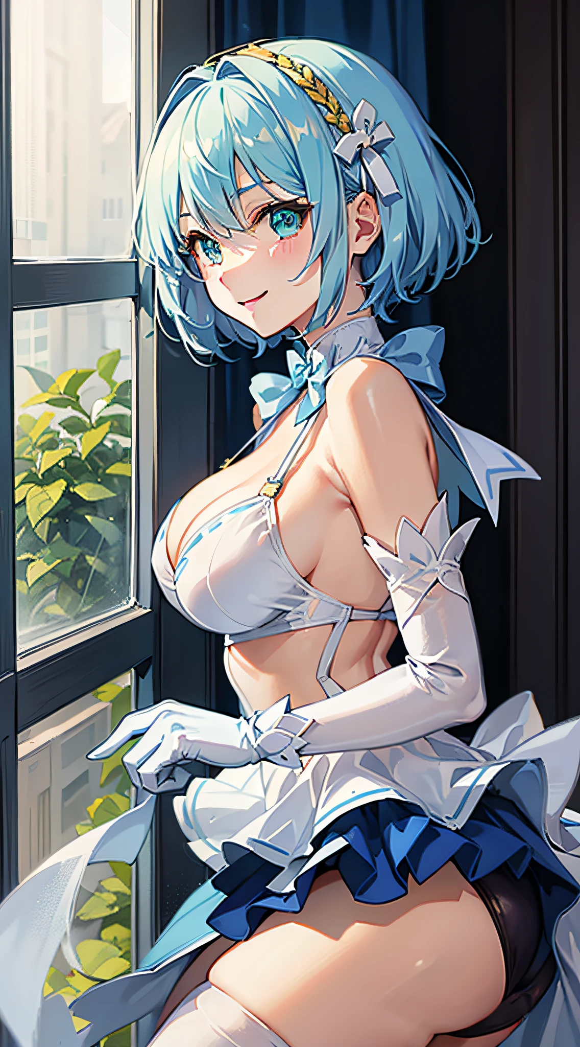 Anime girl in blue and white dress bent down to look out the window,Blue and white dress,Light gold accents,Light gold accents,White suspender bikini,dark blue short hair,Ultramarine hair,Green eyes,Happy expression,ssmile,White sleeves,White gloves,cropped shoulders,Blue stockings on one side,Blue stockings on one side,Blue and white dress,Blue tunic,White skirt,Wave mode,White ribbon adorns the back,style of anime,Japanese and Korean style,4k anime wallpapers,sideface,Completely sideways,ultraclear,tmasterpiece,Lots of detail