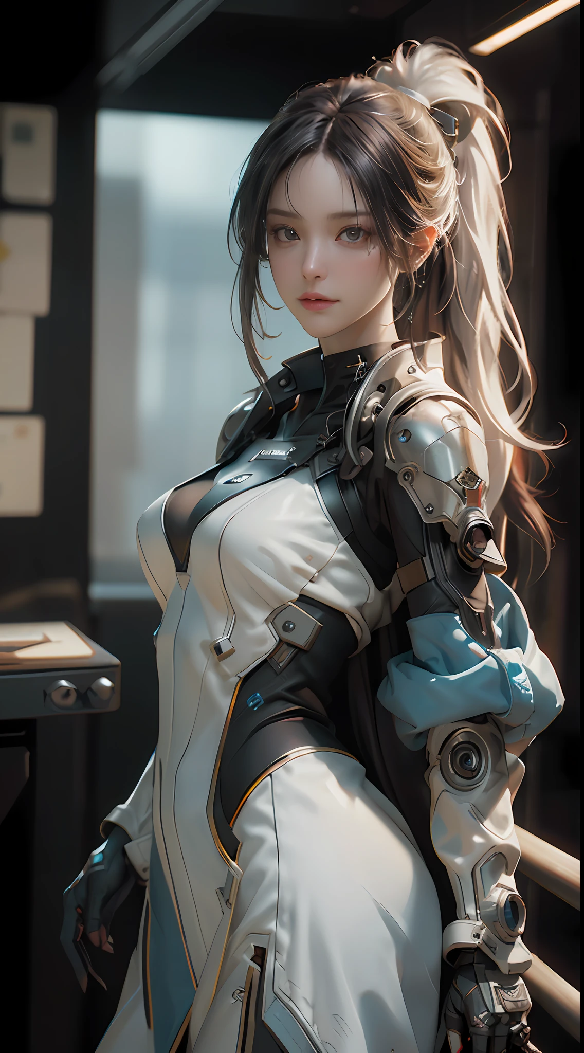 ((Best quality)), ((masterpiece)), (detailed:1.4), 3D, an image of a beautiful cyberpunk female,HDR (High Dynamic Range),Ray Tracing,NVIDIA RTX,Super-Resolution,Unreal 5,Subsurface scattering,PBR Texturing,Post-processing,Anisotropic Filtering,Depth-of-field,Maximum clarity and sharpness,Multi-layered textures,Albedo and Specular maps,Surface shading,Accurate simulation of light-material interaction,Perfect proportions,Octane Render,Two-tone lighting,Wide aperture,Low ISO,White balance,Rule of thirds,8K RAW,