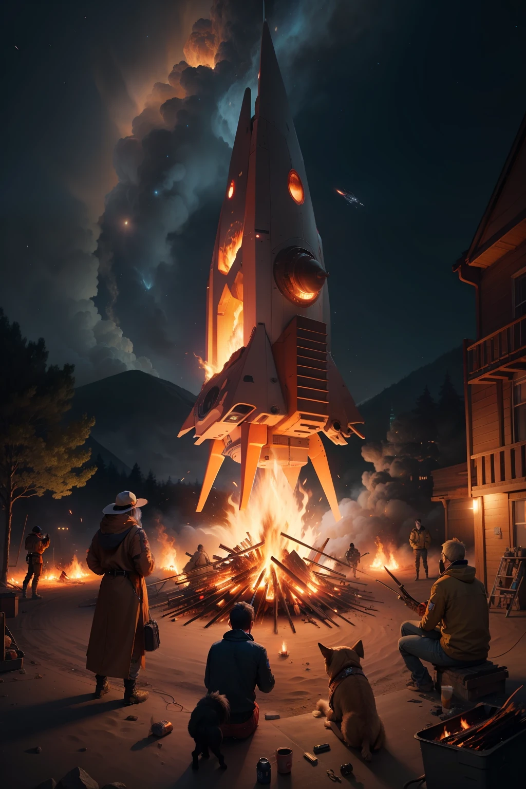 Bonfire, night, spaceship, people, dogs, machinery