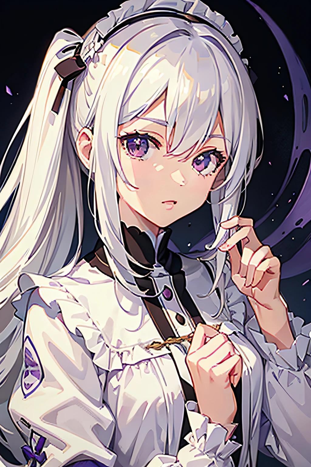 masterpiece:1.3),(the best quality:1.2),(super fine illustrations:1.2),high quality，white hair，Twin ponytails, purple eyes, priests, white dresses, tas.