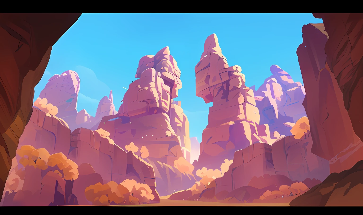 There is a painting of a mountain with the sky as a background, Stylized concept art, arte de fundo, rocky environment, environmentart, environment painting, canyon background, inspired by sylvain sarrailh, painted as a game concept art, low details. Digital painting, background artwork, concept art scene, Unreal Engine Digital Painting, digital painting concept art, painterly concept art