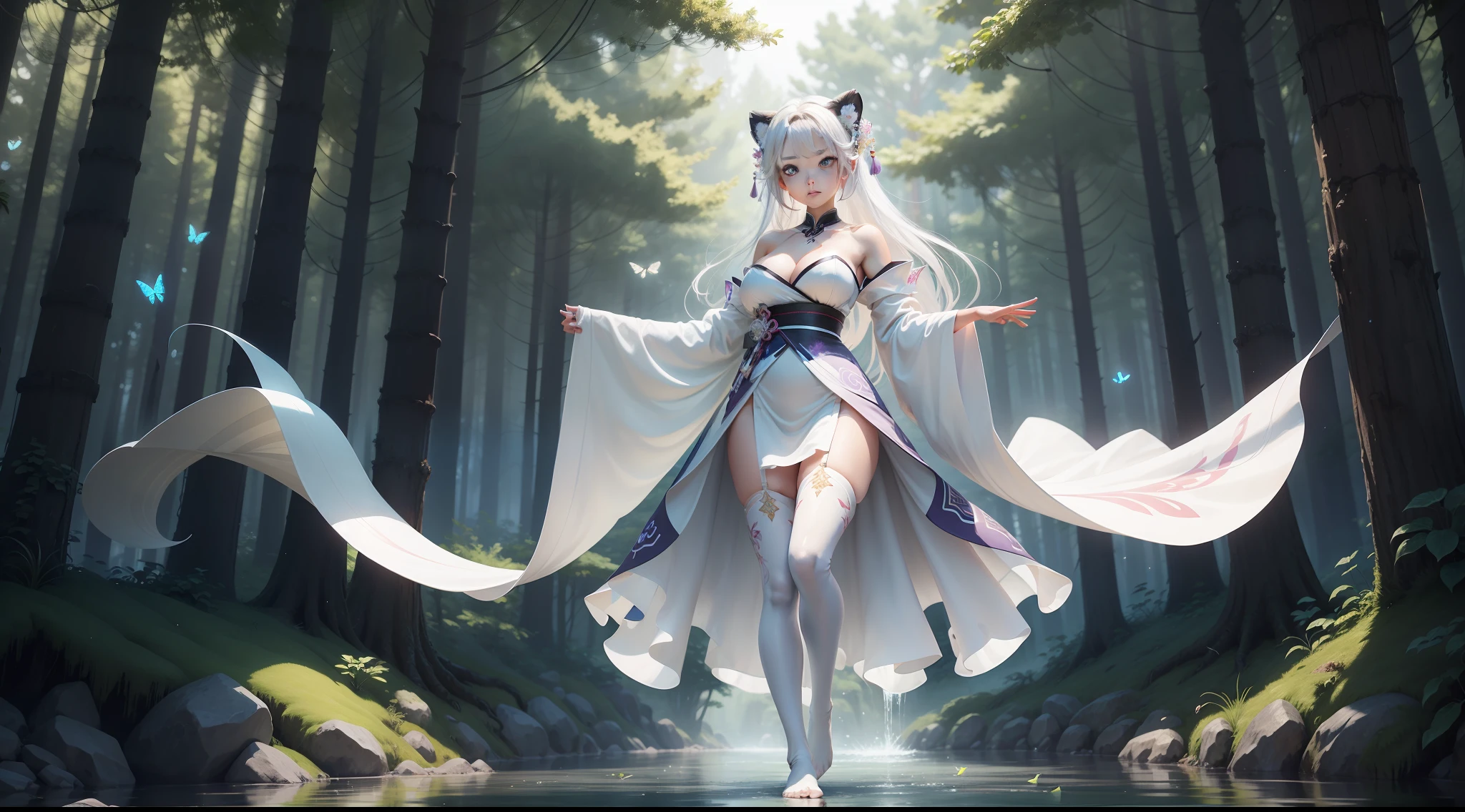 ln the forest,natta,Fluorescence,Colorful birds,Colorful glowing butterflies,In the forest,lake water,waterfallr,white dresses,White-purple clothing,Colorful Hanfu long dress,Colorful woman,Extra-long colorful hair, Colorful Hanfu, Chinese style Hanfu,Off-the-shoulder attire,Exposed cleavage,Expose the collarbone,huge tit,Float,3D occlusion,realskin,realisticlying,lion dance,Practice martial arts,Sword dance,White panty hose,over knee socks,No shoes,Top image quality,Institutional light and shadow,Bokeh,Domineering body movements,tachi-e,Characters are generated in two-thirds of the canvas,Consists of a grid of nine squares