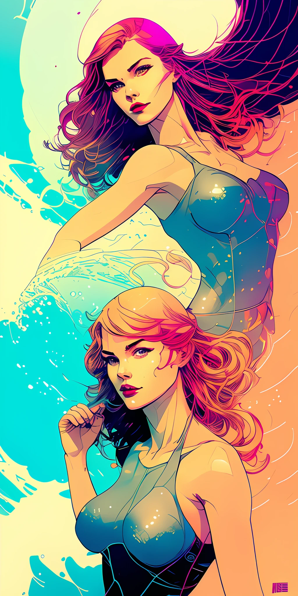 there is a beautiful woman surfing a wave on the beach, jen bartel, martin ansin, by Kilian Eng, moebius + loish + wlop, martin ansin artwork portrait, inspired by Tomer Hanuka, kilian eng vibrant colors, moebius + loish, inspired by Kilian Eng, alena aenami and android jones