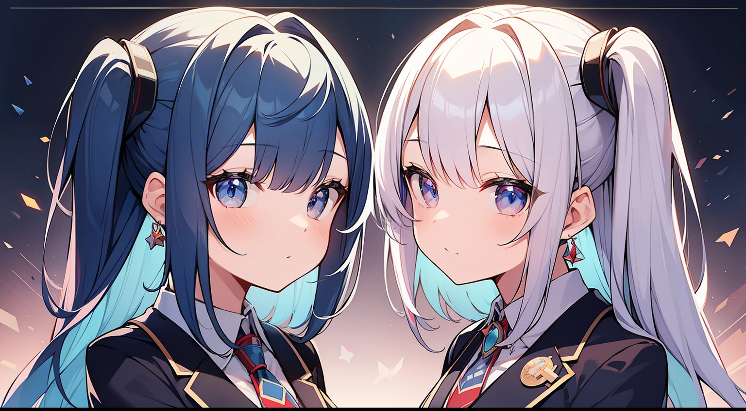 twinsies、discord、Blue-haired、Red-haired、Crystal background、masterpiece、Top image quality、top-quality、cute little、blazers