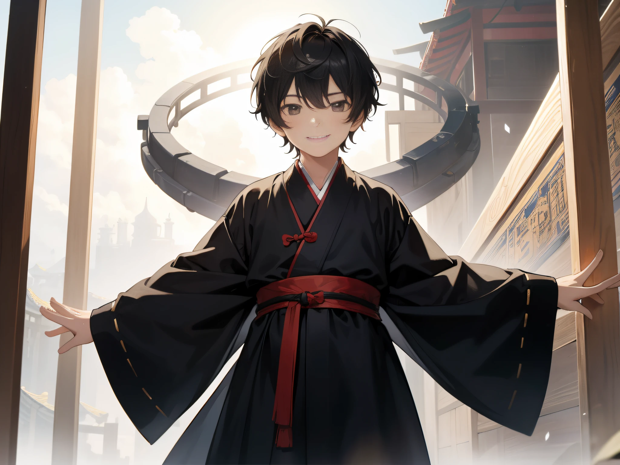 A ten-year-old boy with short black hair wearing a Taoist robe smiling