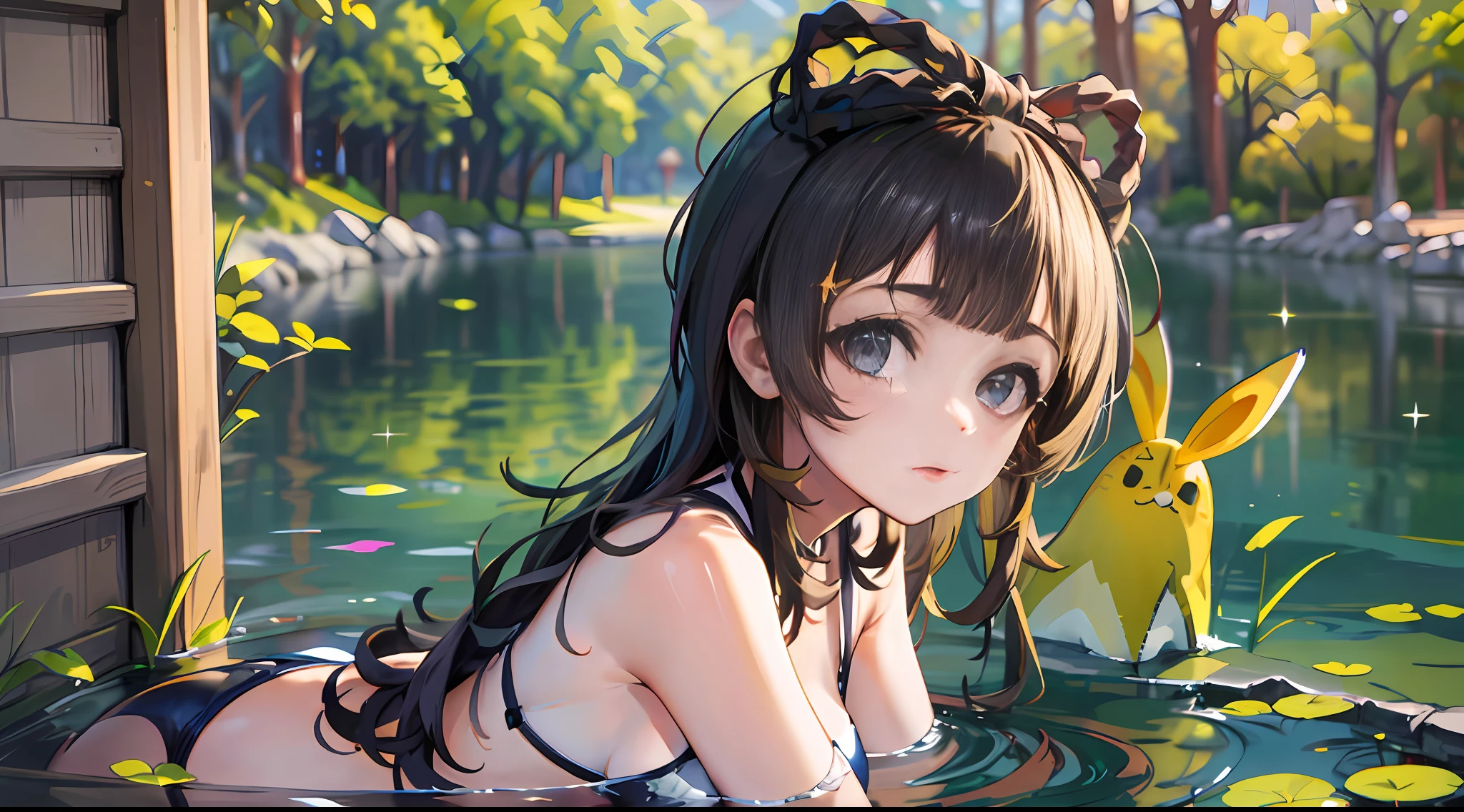 Yaoyao Genshin Impact, Iwhole body, (NSTDA.:1.2), (10, beste-Qualit, master-piece: 1.4), ultra-high resolution, (lifelike, photorealistic portrait: 1.48), 20 age, Cute Girl, (Look neatly through the bikini:1.11), Famous Japanese actors, Beautiful breasts, Blue Eyes, Head tilt, cowboy shot, from the side, looking at the audience, expressionless, Beautiful lake, Zeiss 150mm F/ 2.8 Hasselblad, Whole body, foot, Ultra-Wide Angle