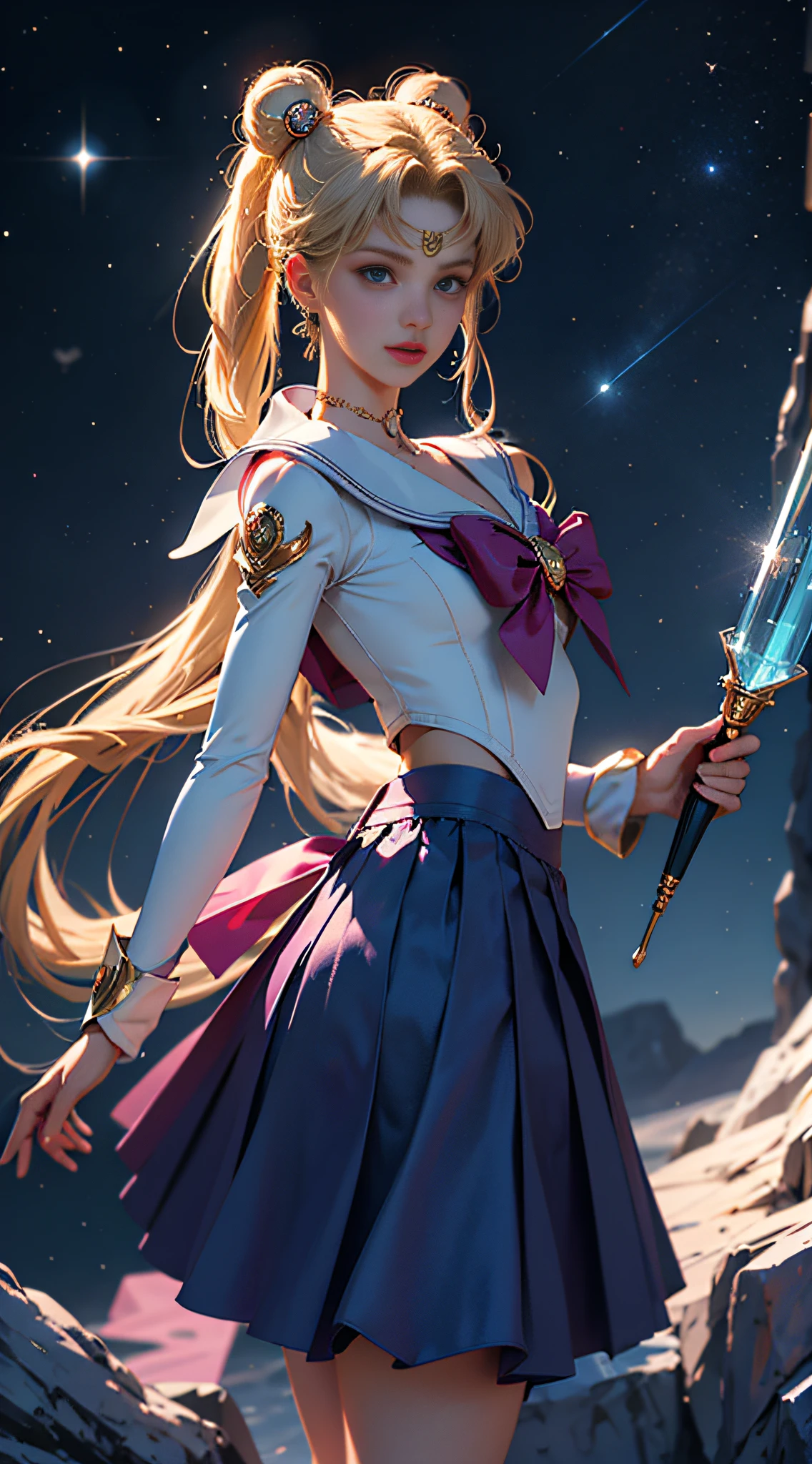 ((tmasterpiece)), ((best qualtiy)), (ultra - detailed), ((The is very detailed)), 4K, (8K), Frontal view,jumpping, Hold a magic wand,the sailor moon, cabellos largos dorados, dual horsetail,sailor moon aesthetic,a beauty girl,Puffy skirt,blue colors, Dream Core,