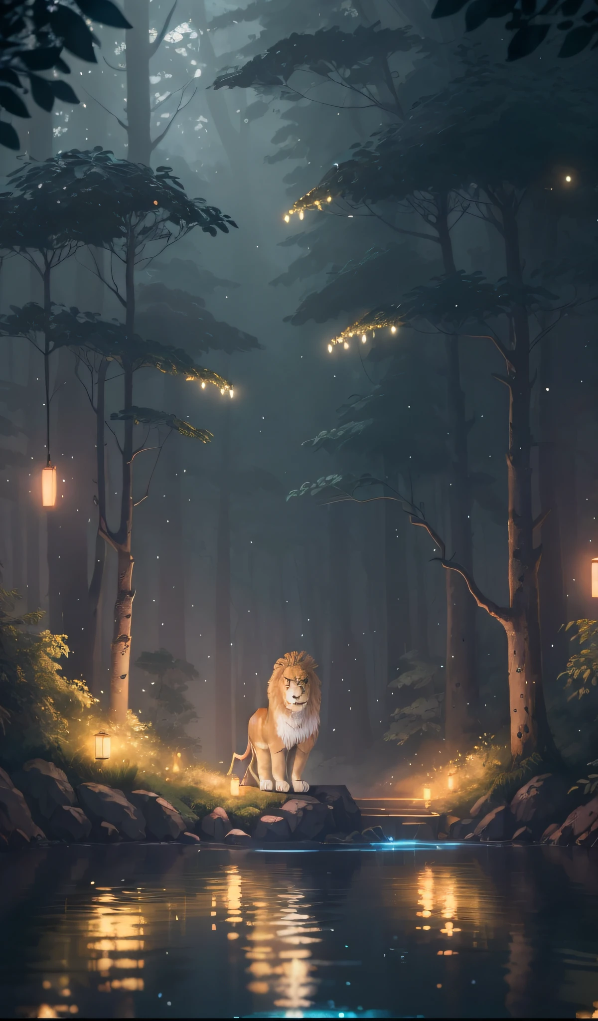 There is a lion standing in the middle of the forest, Glowing lights! Digital painting, Beautiful digital artwork, A beautiful artwork illustration, Beautiful digital illustration, calm evening. Digital illustration, beautiful digital painting, magical forest with fireflies, spirit of the forest, background artwork, In the magical forest, Magical environment, a magical forest, a magical forest in the background, dreamlike illustration
