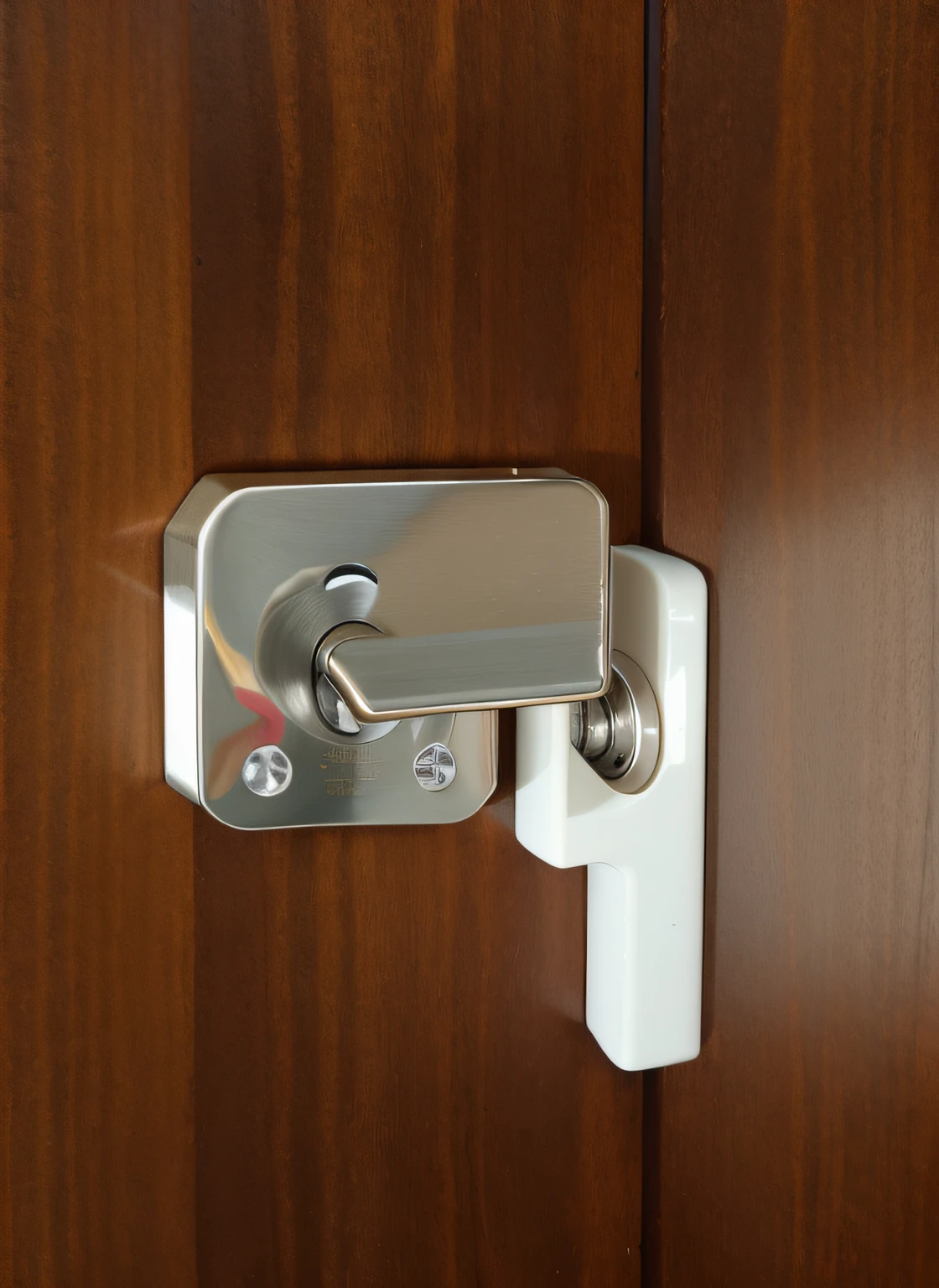 Close-up of doorknob on wooden door, white finish, right angled view, angled view, close up angle, top angle view, Close view, alternate angle, close angle, 3/4 view, 3 / 4 view, closeup view, high detail shot, medium close up shot, high angle close up shot