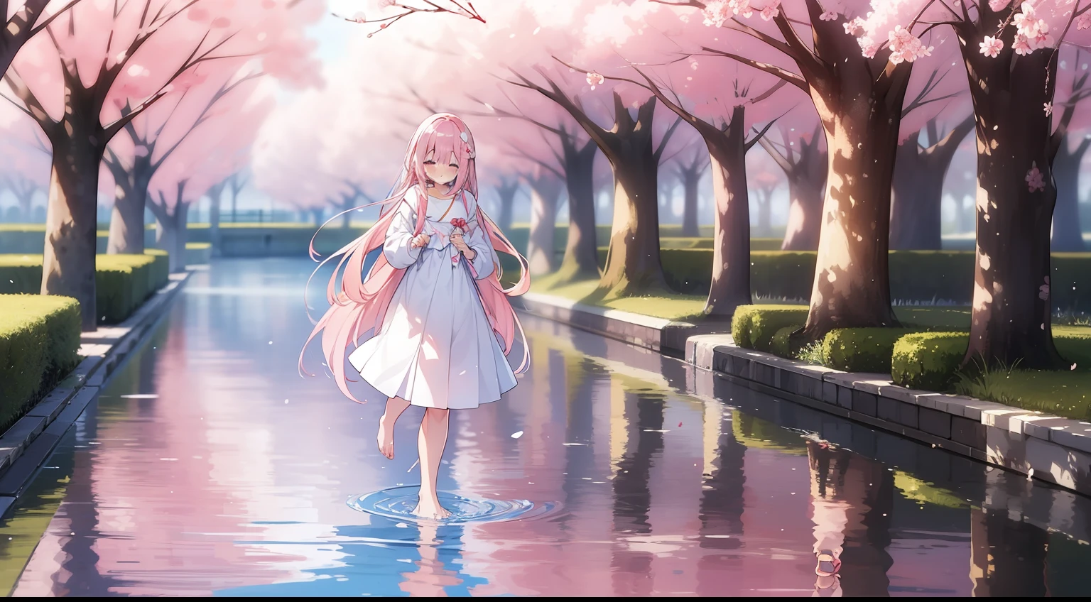 walking, on water, bare foot、A pink-haired、cherry trees、Sakura blizzard、masterpiece、Top image quality、top-quality、Fluttering hair、Long