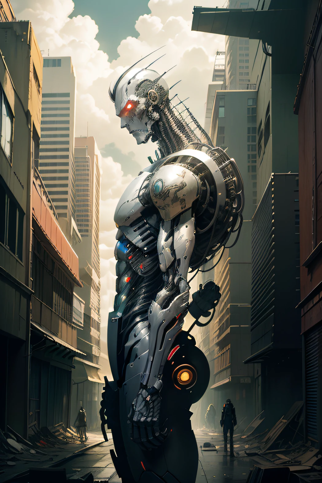 A tall robot，Run-down city，Doomsday style，Robot standing in the heart of the city，Look up at the camera，style of anime，The picture is neat --auto