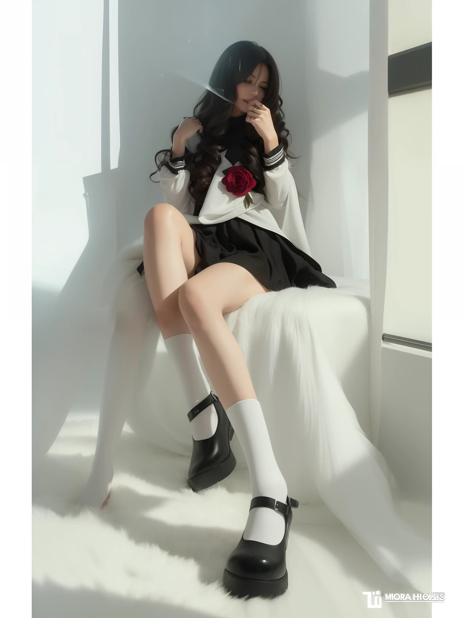 best qualtiy, 8k, tmasterpiece:1.3)), Focus:1.2, perfect figure beautiful woman:1.4, long leges:1.2, ((Curly long hair, Beautiful breasts:1.2)),(Rain, Street:1.3),Highly detailed facial and skin texture, Excellent waist-hip ratio, Whiten skin,long whitr hair,(Keep one's mouth shut:1.3),ssmile,in front of the mirror