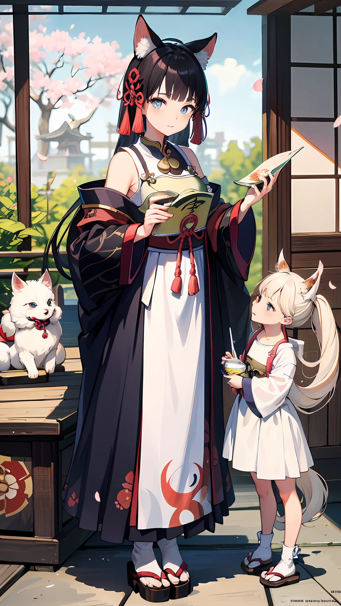 （（（tmasterpiece）））， 4K 分辨率， highly  detailed， （（（Very detailed eyes）））， detailed back ground， cinmatic lighting， Crystal clear eyes， high qulity， A high resolution， hyper-detailing，1girll，Osen-sleeved kimono，Black coat, clogs，High quality, Look at the viewer，beast ear, kitsune mask, brunette color hair, the cherry trees，Fluttering petals，ssmile，Keep one's mouth shut，Poor milk，A traditional Japanese shrine，Japanese torii