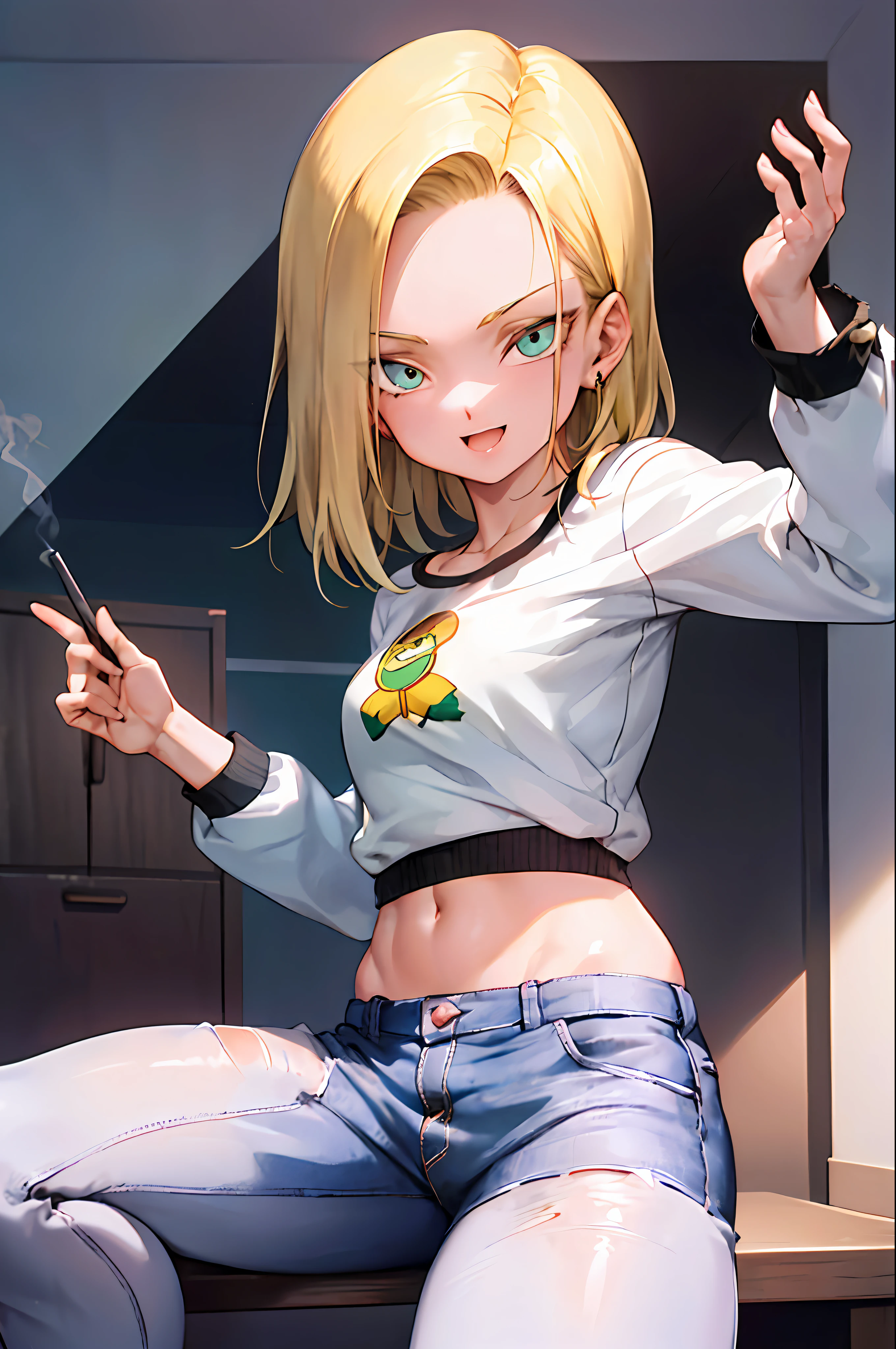 obra-prima, melhor qualidade, ultra-detalhado, absurdres, Potrait de bonito Android18DB, solo, brincos, joias, looking_at_viewer, jaqueta, sorriso, roupa de combate, Smoking Volumetric Lighting, melhor qualidade, obra-prima, detalhes intrincados, tonemapping, foco nítido, hiper detalhado, trending in artstation,